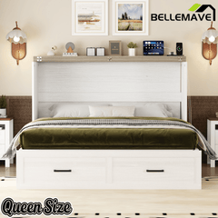 Bellemave® Murphy Bed, Cabinet Bed with Charging Station & Storage, Noisy Free, for Guest Bedroom, Living Room, Office, Rustic Gray - Bellemave