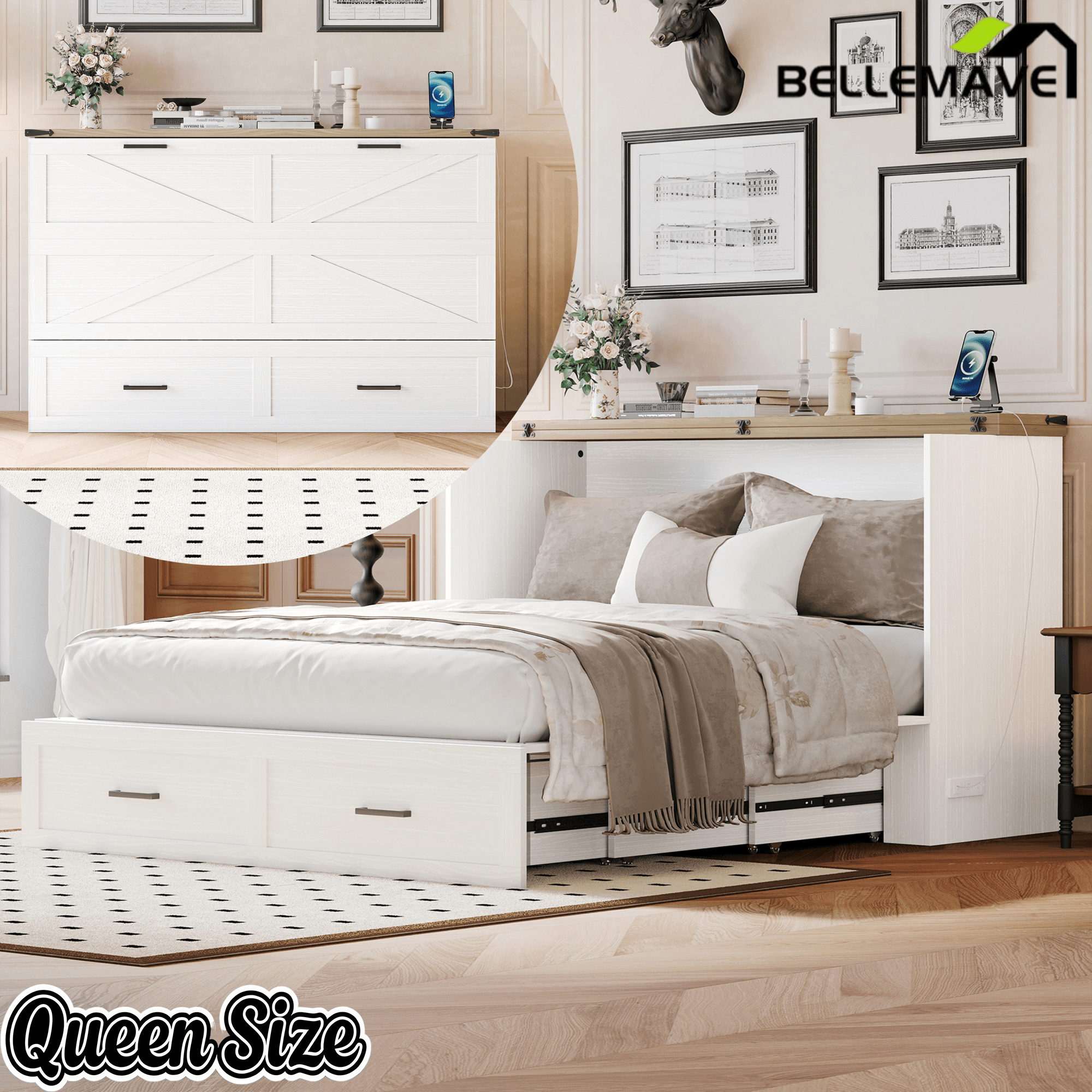 Bellemave® Murphy Bed, Cabinet Bed with Charging Station & Storage, Noisy Free, for Guest Bedroom, Living Room, Office, Rustic Gray - Bellemave