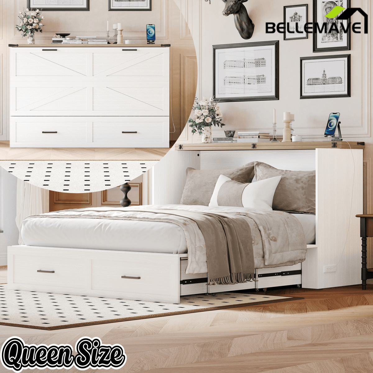Bellemave® Murphy Bed, Cabinet Bed with Charging Station & Storage, Noisy Free, for Guest Bedroom, Living Room, Office, Rustic Gray - Bellemave
