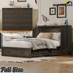 Bellemave® Murphy Bed, Cabinet Bed with Charging Station & Storage, Noisy Free, for Guest Bedroom, Living Room, Office, Rustic Gray - Bellemave