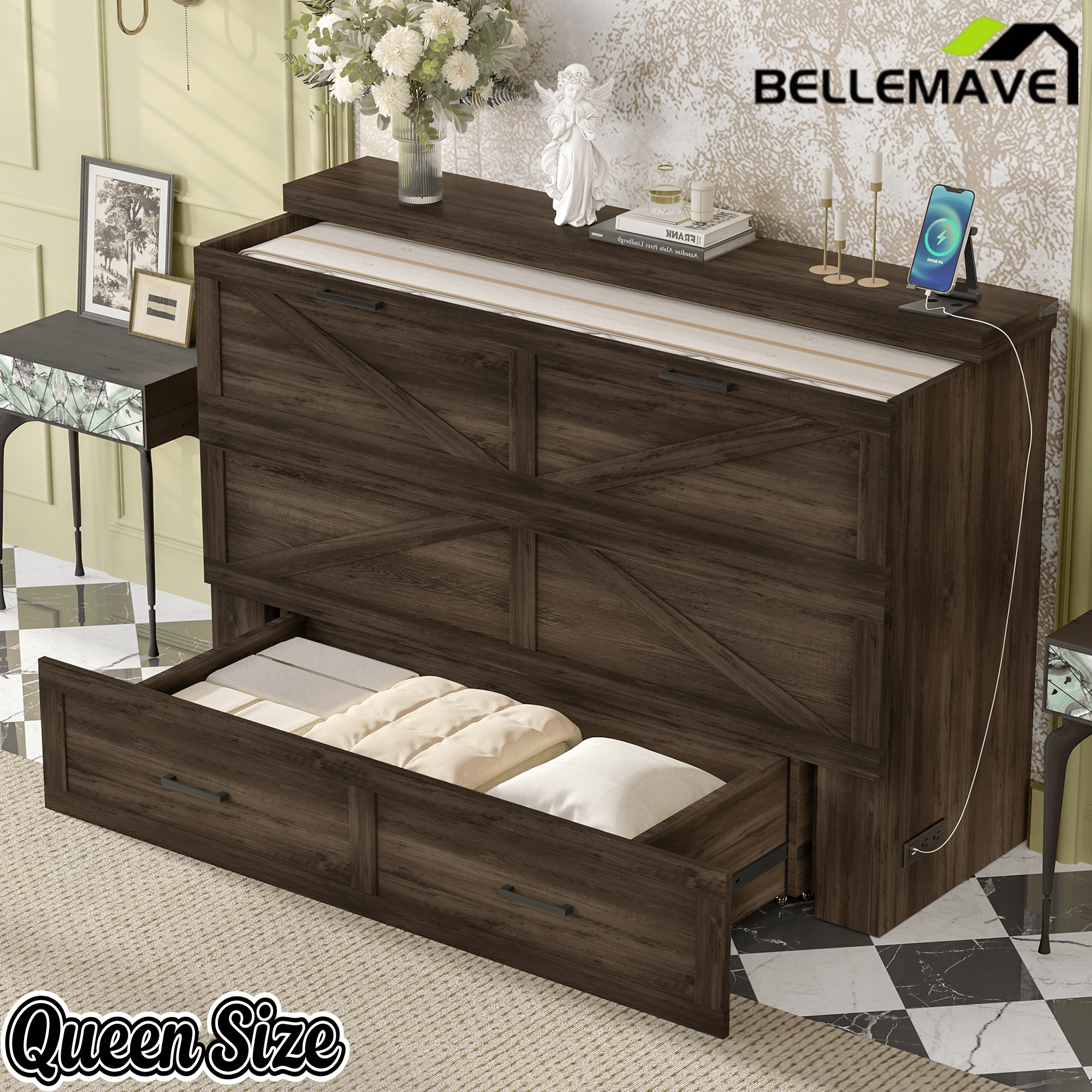 Bellemave® Murphy Bed, Cabinet Bed with Charging Station & Storage, Noisy Free, for Guest Bedroom, Living Room, Office, Rustic Gray - Bellemave