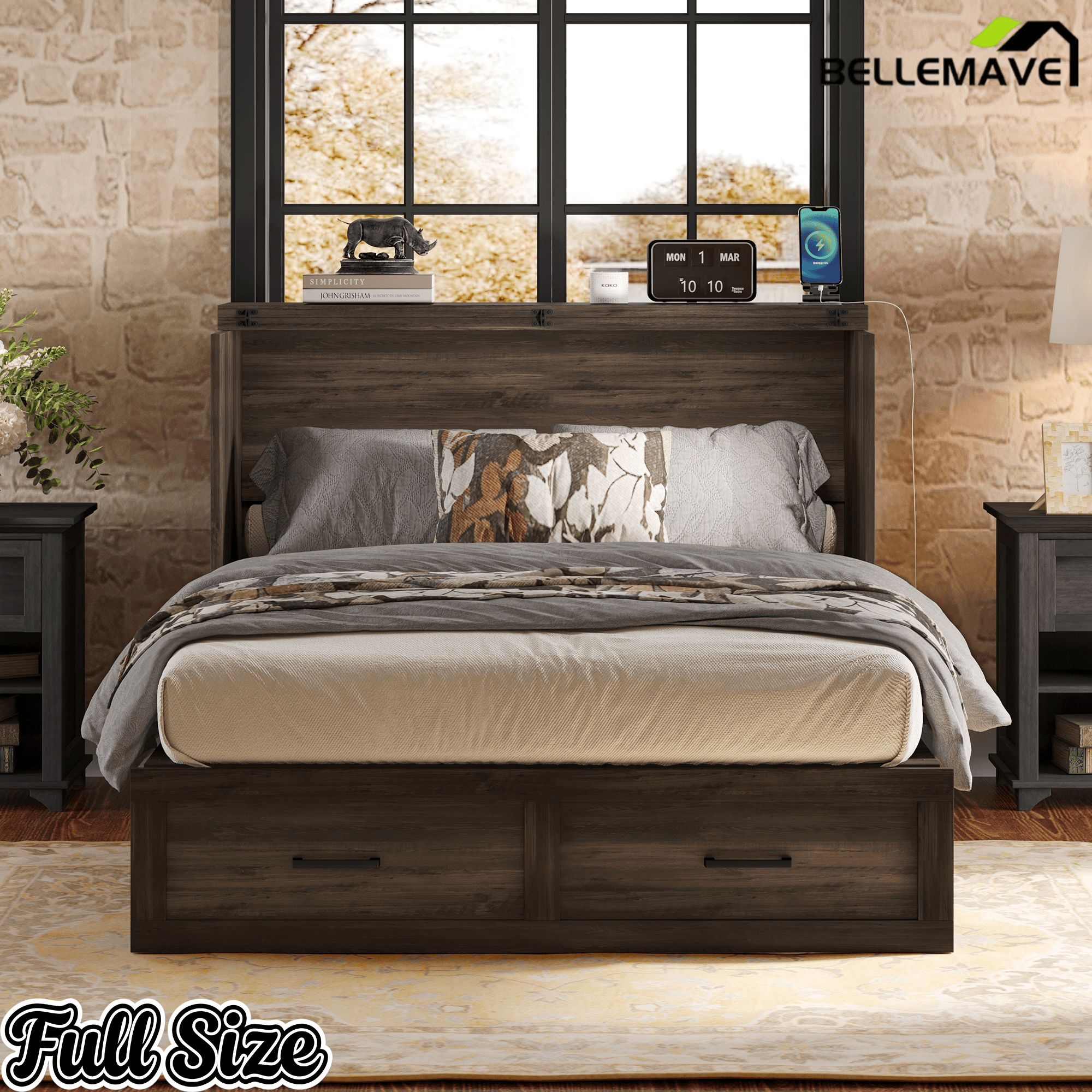 Bellemave® Murphy Bed, Cabinet Bed with Charging Station & Storage, Noisy Free, for Guest Bedroom, Living Room, Office, Rustic Gray - Bellemave