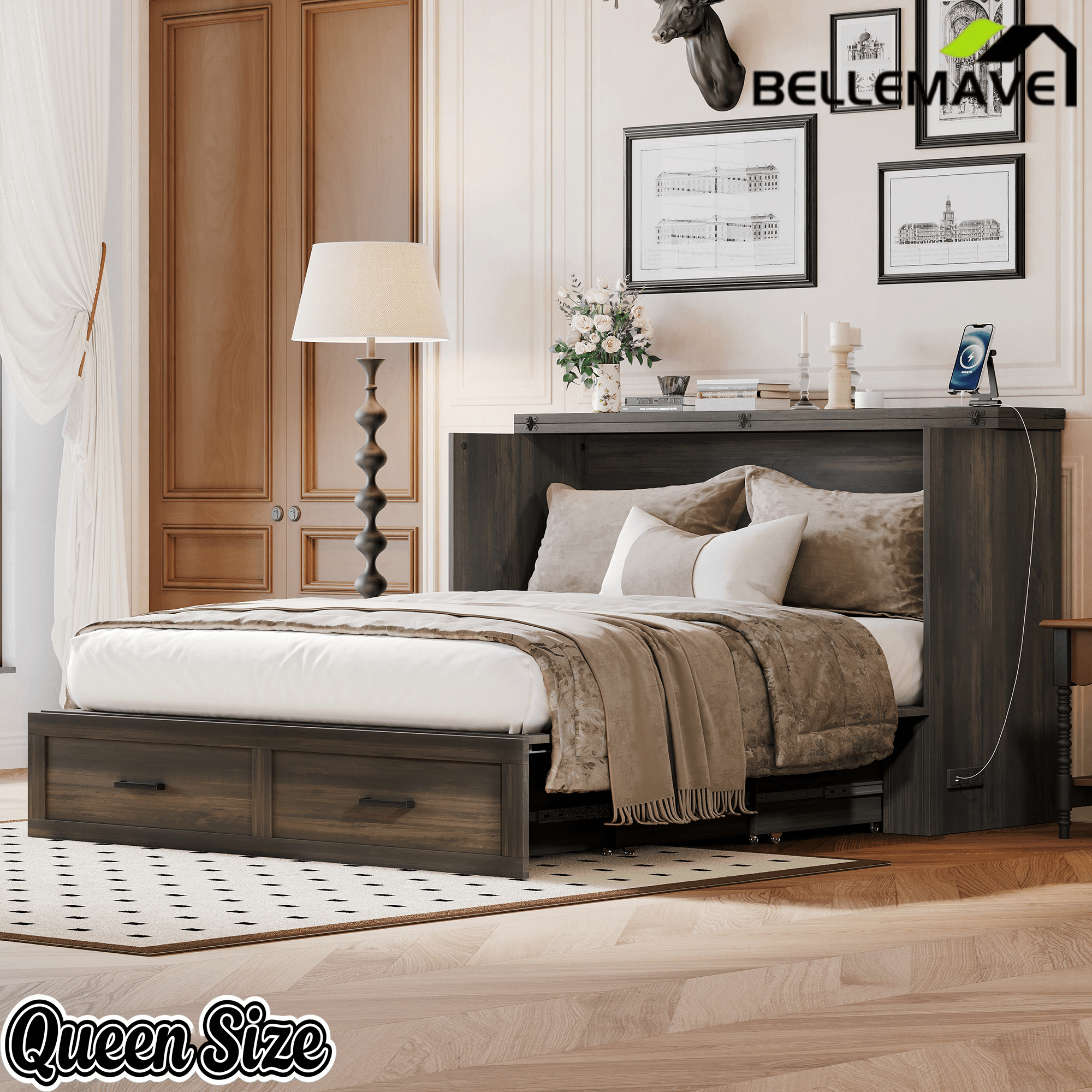 Bellemave® Murphy Bed, Cabinet Bed with Charging Station & Storage, Noisy Free, for Guest Bedroom, Living Room, Office, Rustic Gray - Bellemave