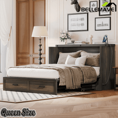 Bellemave® Murphy Bed, Cabinet Bed with Charging Station & Storage, Noisy Free, for Guest Bedroom, Living Room, Office, Rustic Gray - Bellemave