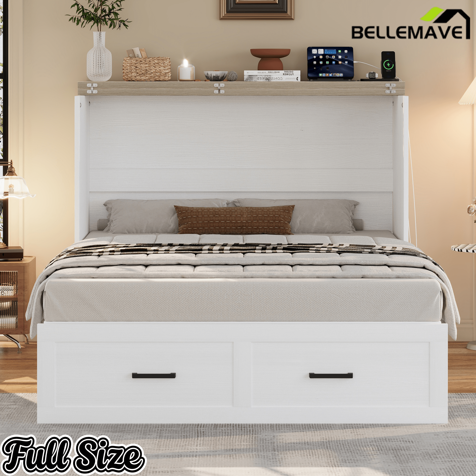 Bellemave® Murphy Bed, Cabinet Bed with Charging Station & Storage, Noisy Free, for Guest Bedroom, Living Room, Office, Rustic Gray - Bellemave