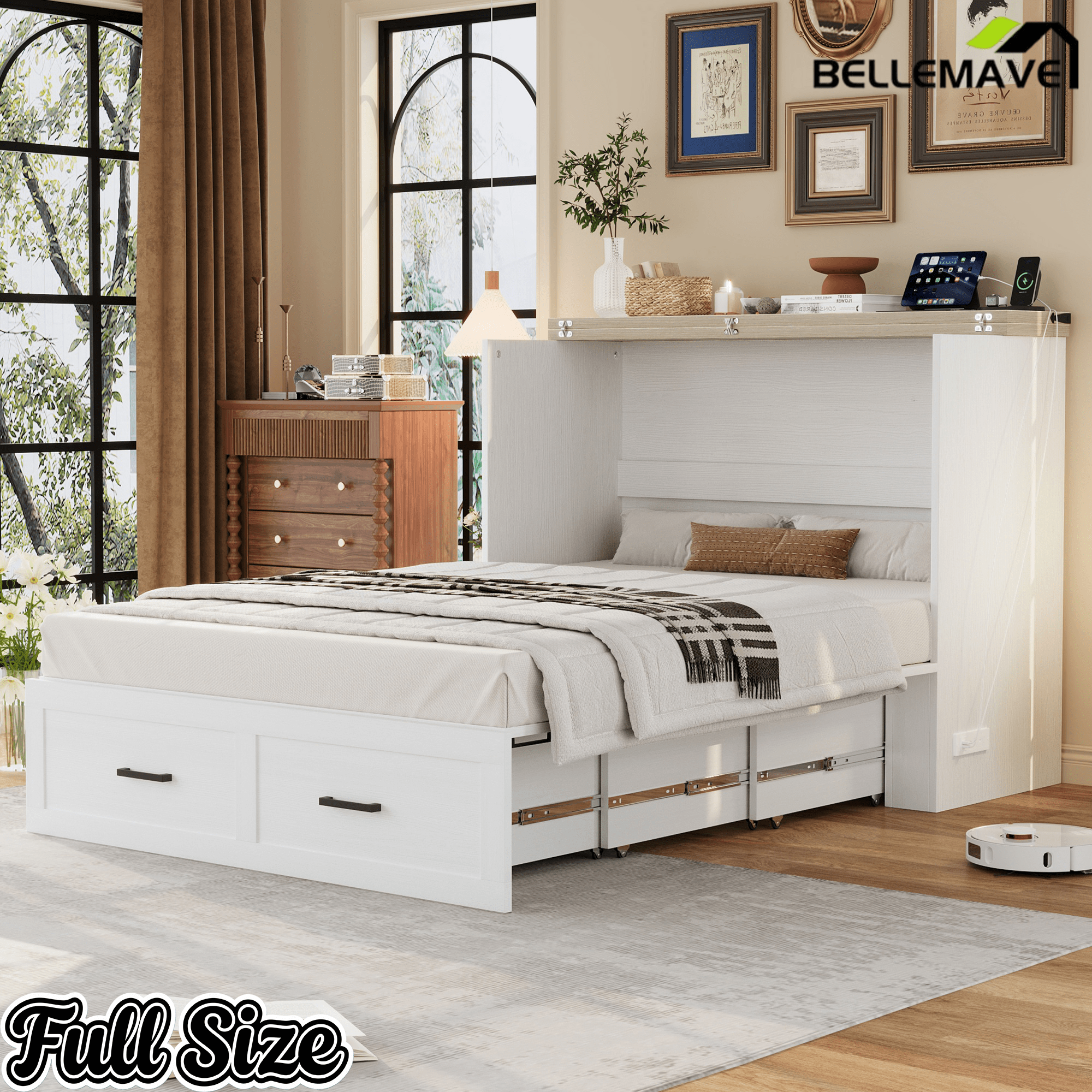 Bellemave® Murphy Bed, Cabinet Bed with Charging Station & Storage, Noisy Free, for Guest Bedroom, Living Room, Office, Rustic Gray - Bellemave