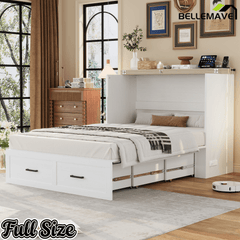 Bellemave® Murphy Bed, Cabinet Bed with Charging Station & Storage, Noisy Free, for Guest Bedroom, Living Room, Office, Rustic Gray - Bellemave