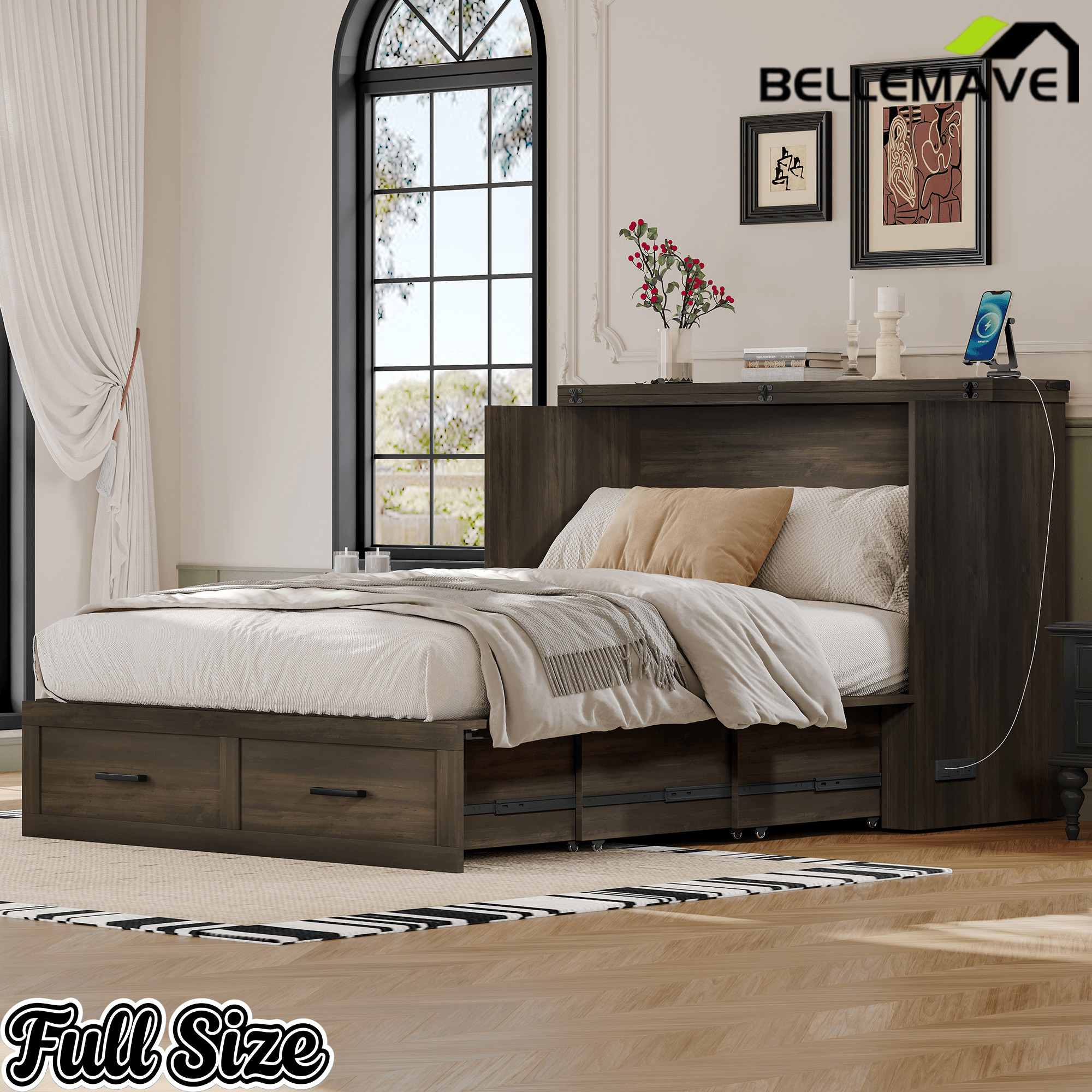 Bellemave® Murphy Bed, Cabinet Bed with Charging Station & Storage, Noisy Free, for Guest Bedroom, Living Room, Office, Rustic Gray - Bellemave