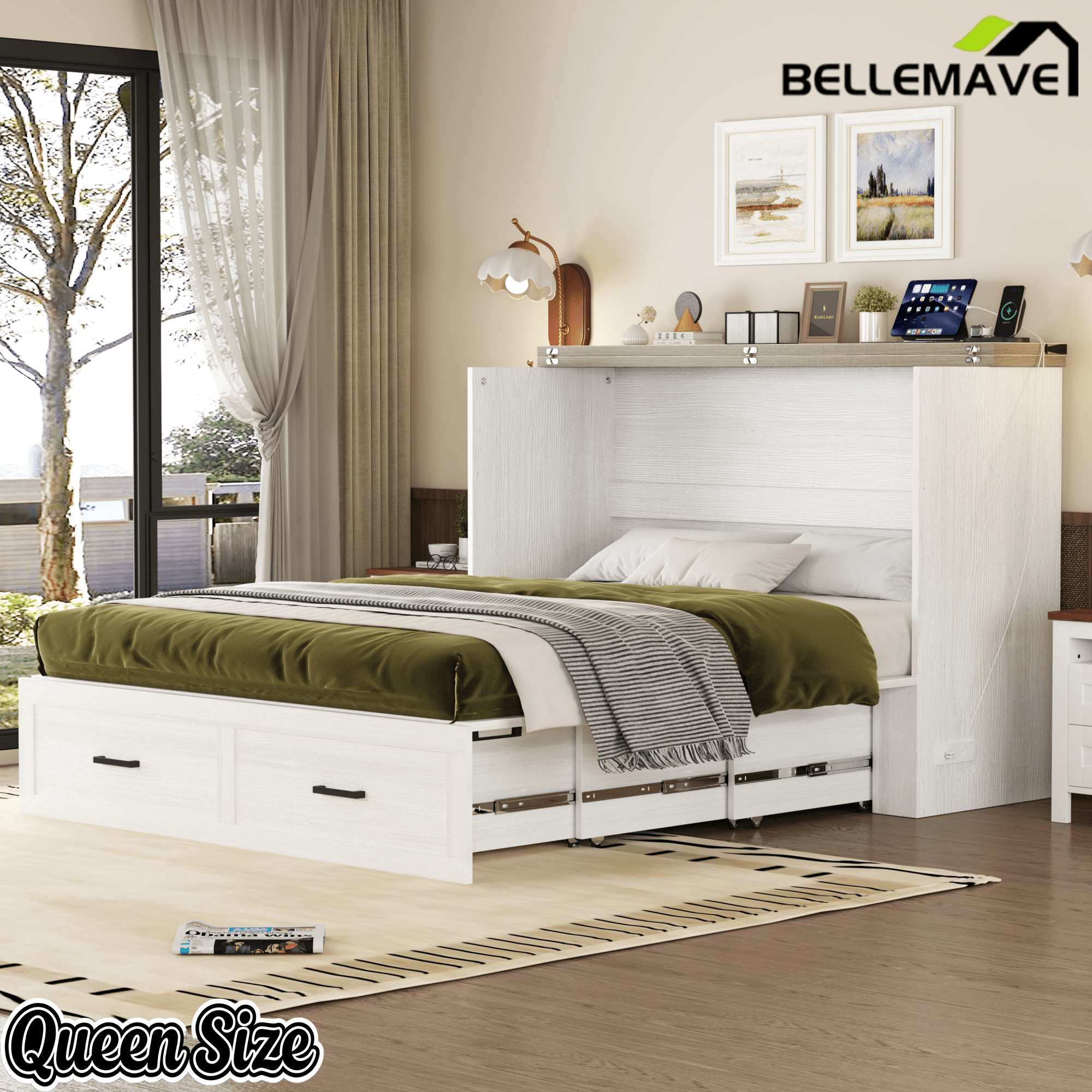 Bellemave® Murphy Bed, Cabinet Bed with Charging Station & Storage, Noisy Free, for Guest Bedroom, Living Room, Office, Rustic Gray - Bellemave