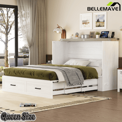 Bellemave® Murphy Bed, Cabinet Bed with Charging Station & Storage, Noisy Free, for Guest Bedroom, Living Room, Office, Rustic Gray - Bellemave