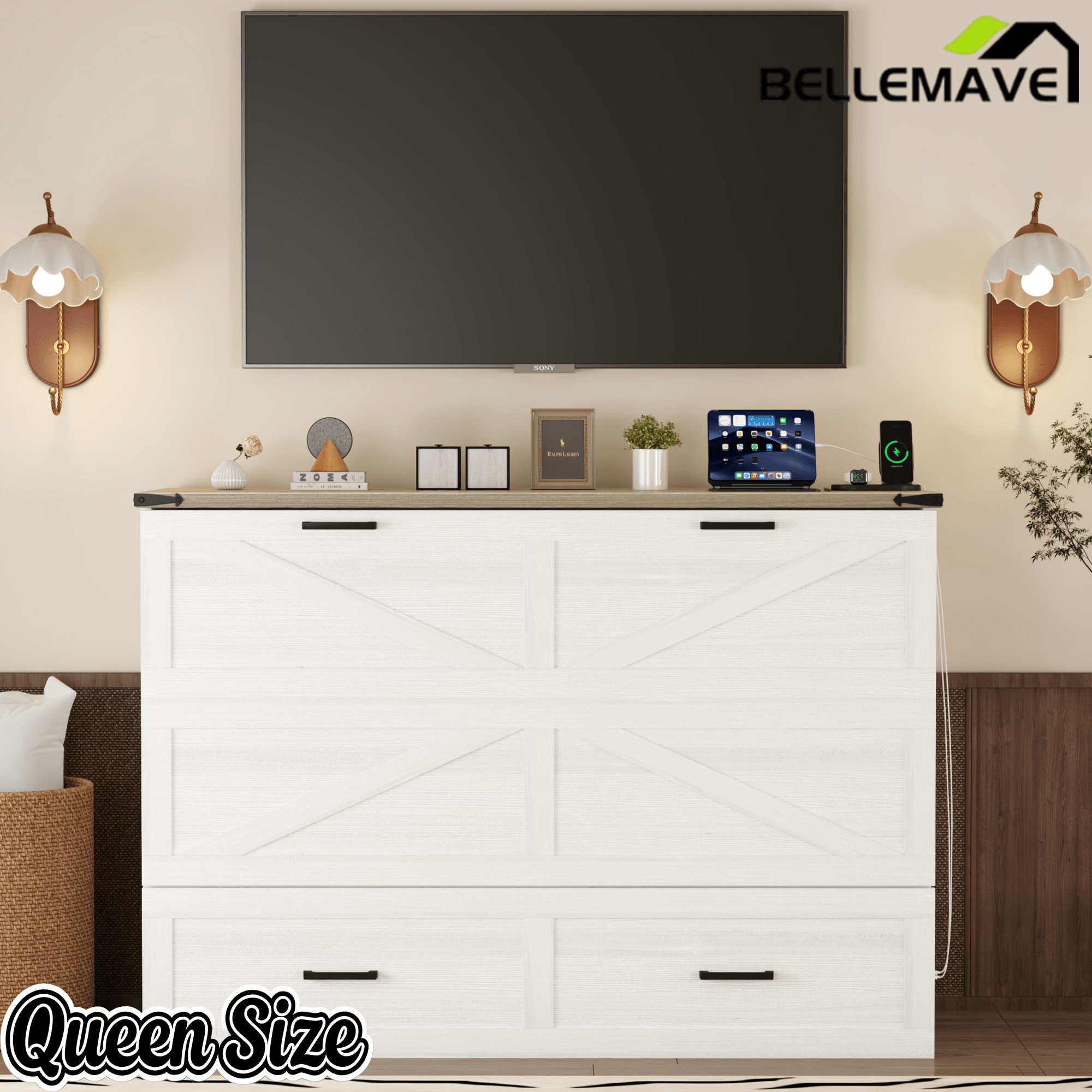 Bellemave® Murphy Bed, Cabinet Bed with Charging Station & Storage, Noisy Free, for Guest Bedroom, Living Room, Office, Rustic Gray - Bellemave