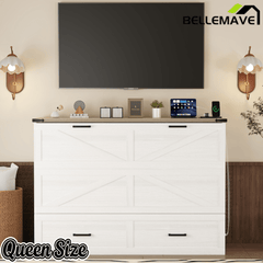 Bellemave® Murphy Bed, Cabinet Bed with Charging Station & Storage, Noisy Free, for Guest Bedroom, Living Room, Office, Rustic Gray - Bellemave