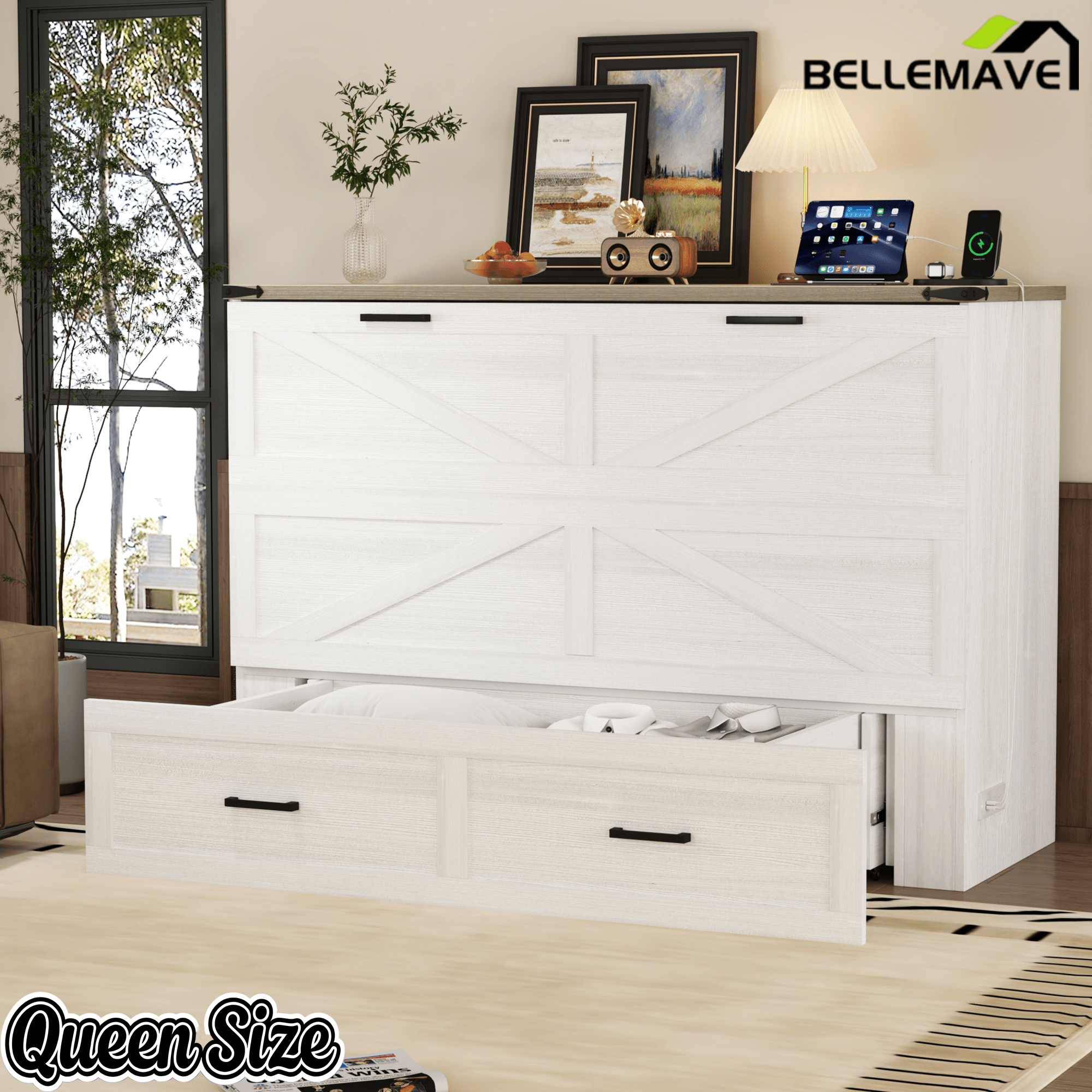 Bellemave® Murphy Bed, Cabinet Bed with Charging Station & Storage, Noisy Free, for Guest Bedroom, Living Room, Office, Rustic Gray - Bellemave