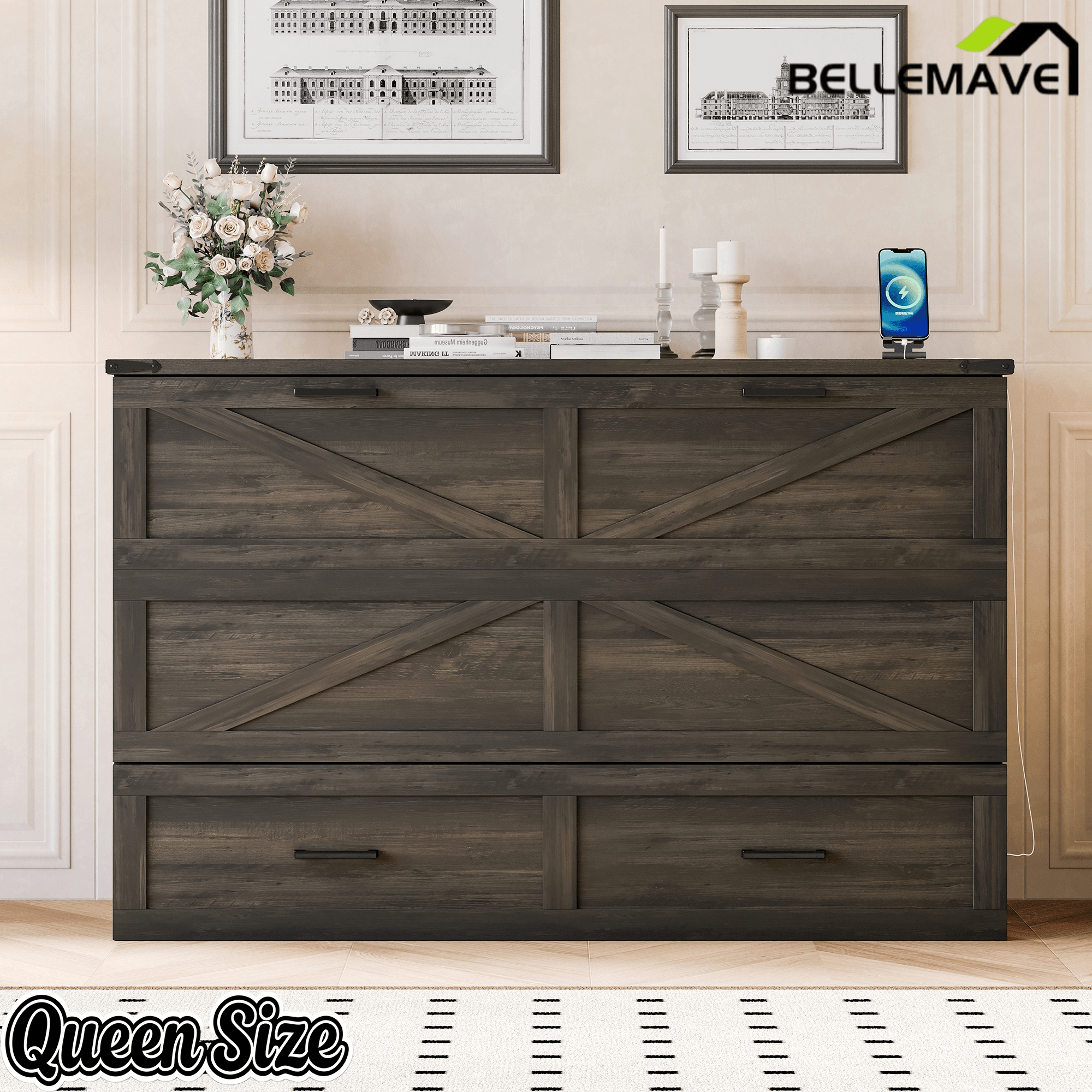 Bellemave® Murphy Bed, Cabinet Bed with Charging Station & Storage, Noisy Free, for Guest Bedroom, Living Room, Office, Rustic Gray - Bellemave