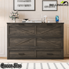 Bellemave® Murphy Bed, Cabinet Bed with Charging Station & Storage, Noisy Free, for Guest Bedroom, Living Room, Office, Rustic Gray - Bellemave