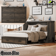 Bellemave® Murphy Bed, Cabinet Bed with Charging Station & Storage, Noisy Free, for Guest Bedroom, Living Room, Office, Rustic Gray - Bellemave