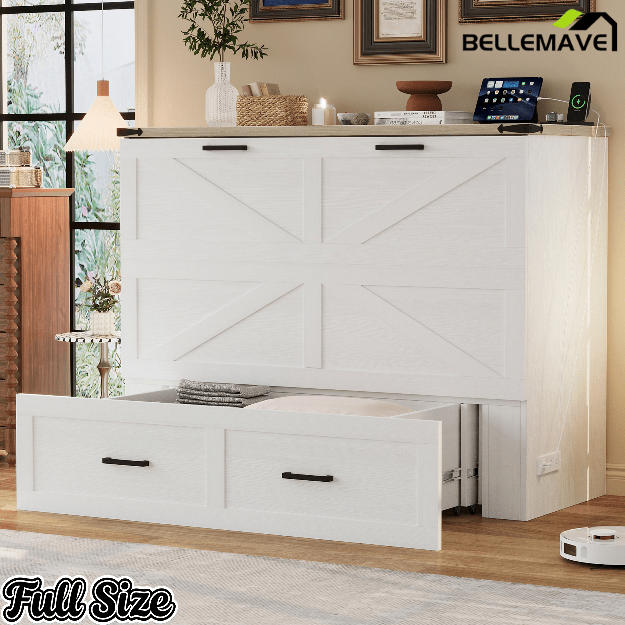 Bellemave® Murphy Bed, Cabinet Bed with Charging Station & Storage, Noisy Free, for Guest Bedroom, Living Room, Office, Rustic Gray - Bellemave