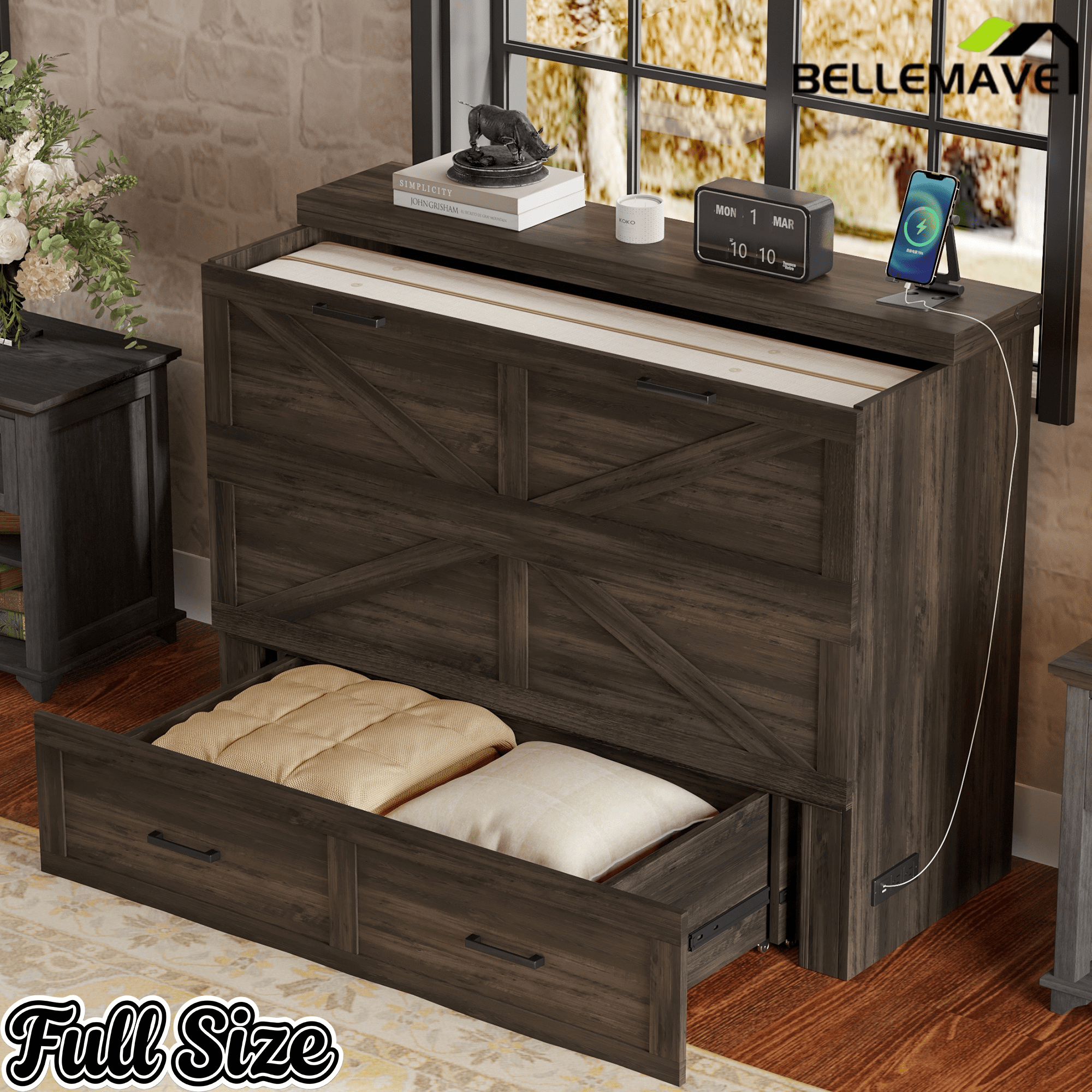 Bellemave® Murphy Bed, Cabinet Bed with Charging Station & Storage, Noisy Free, for Guest Bedroom, Living Room, Office, Rustic Gray - Bellemave