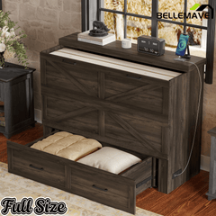 Bellemave® Murphy Bed, Cabinet Bed with Charging Station & Storage, Noisy Free, for Guest Bedroom, Living Room, Office, Rustic Gray - Bellemave