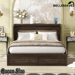 Bellemave® Murphy Bed, Cabinet Bed with Charging Station & Storage, Noisy Free, for Guest Bedroom, Living Room, Office, Rustic Gray - Bellemave
