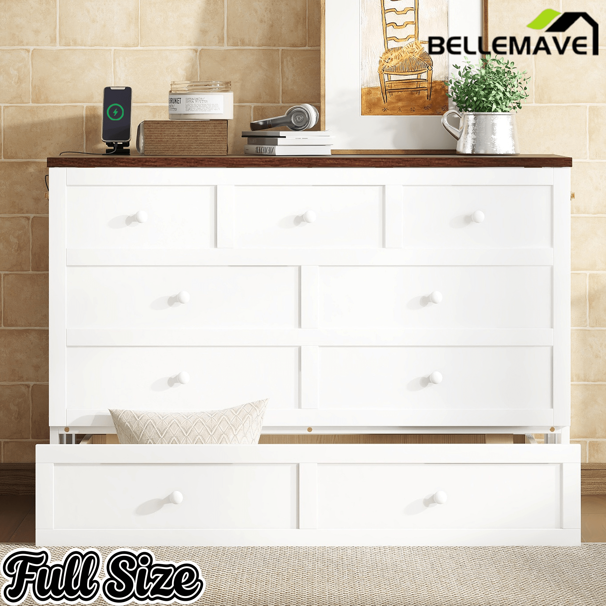 Bellemave® Murphy Bed Cabinet with Charging Station & Storage Drawer - Bellemave