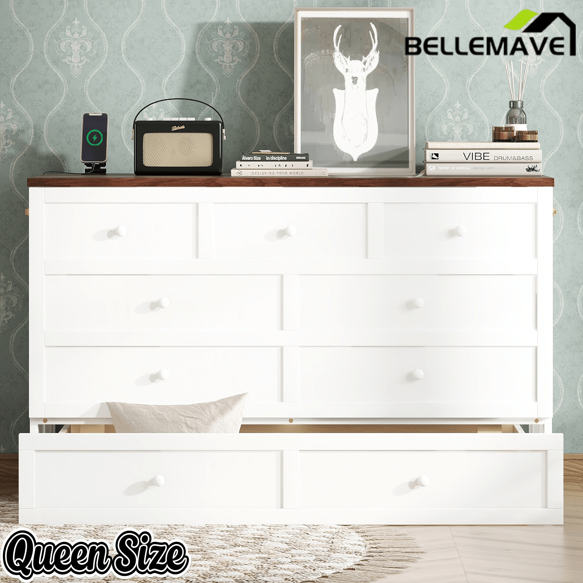 Bellemave® Murphy Bed Cabinet with Charging Station & Storage Drawer - Bellemave