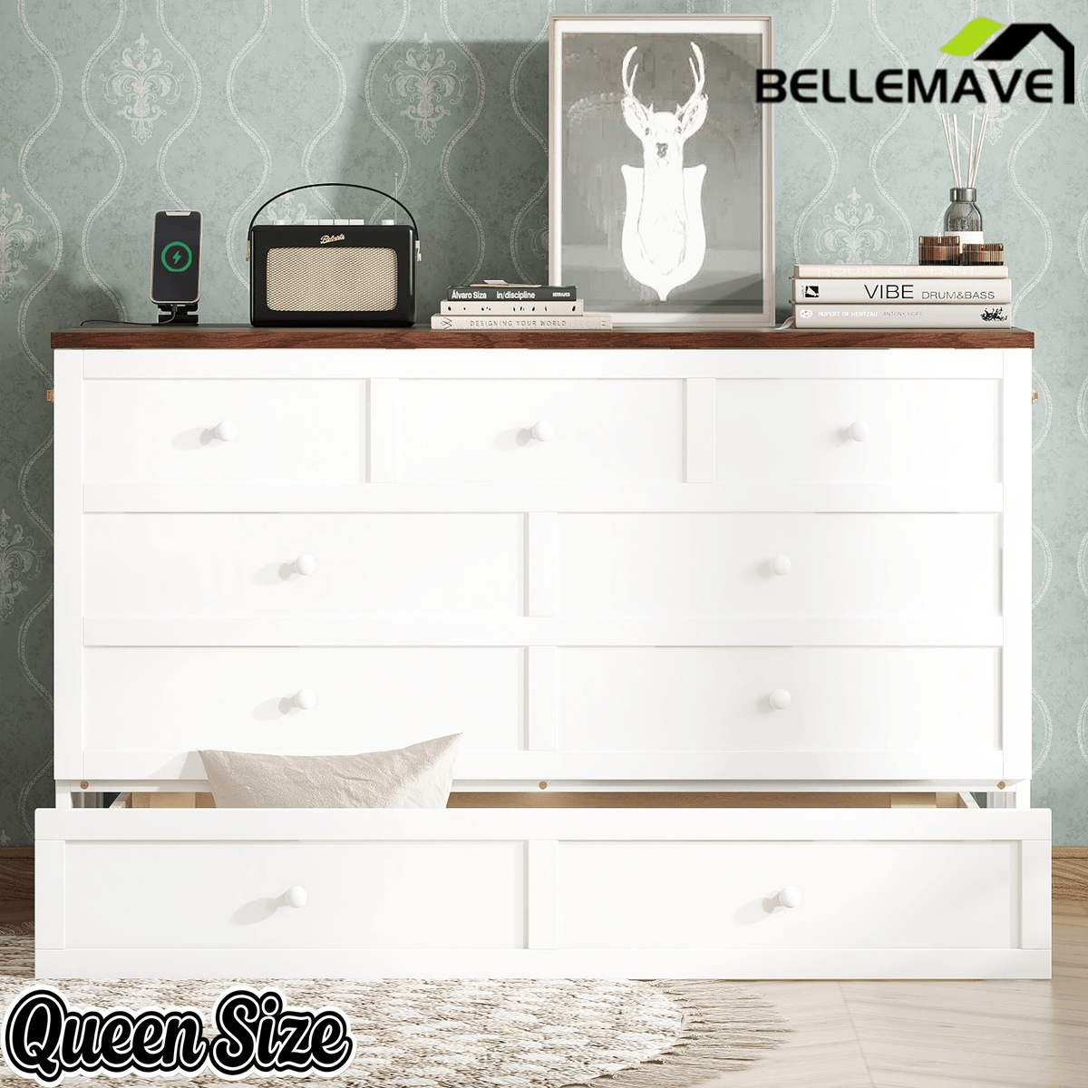 Bellemave® Murphy Bed Cabinet with Charging Station & Storage Drawer - Bellemave