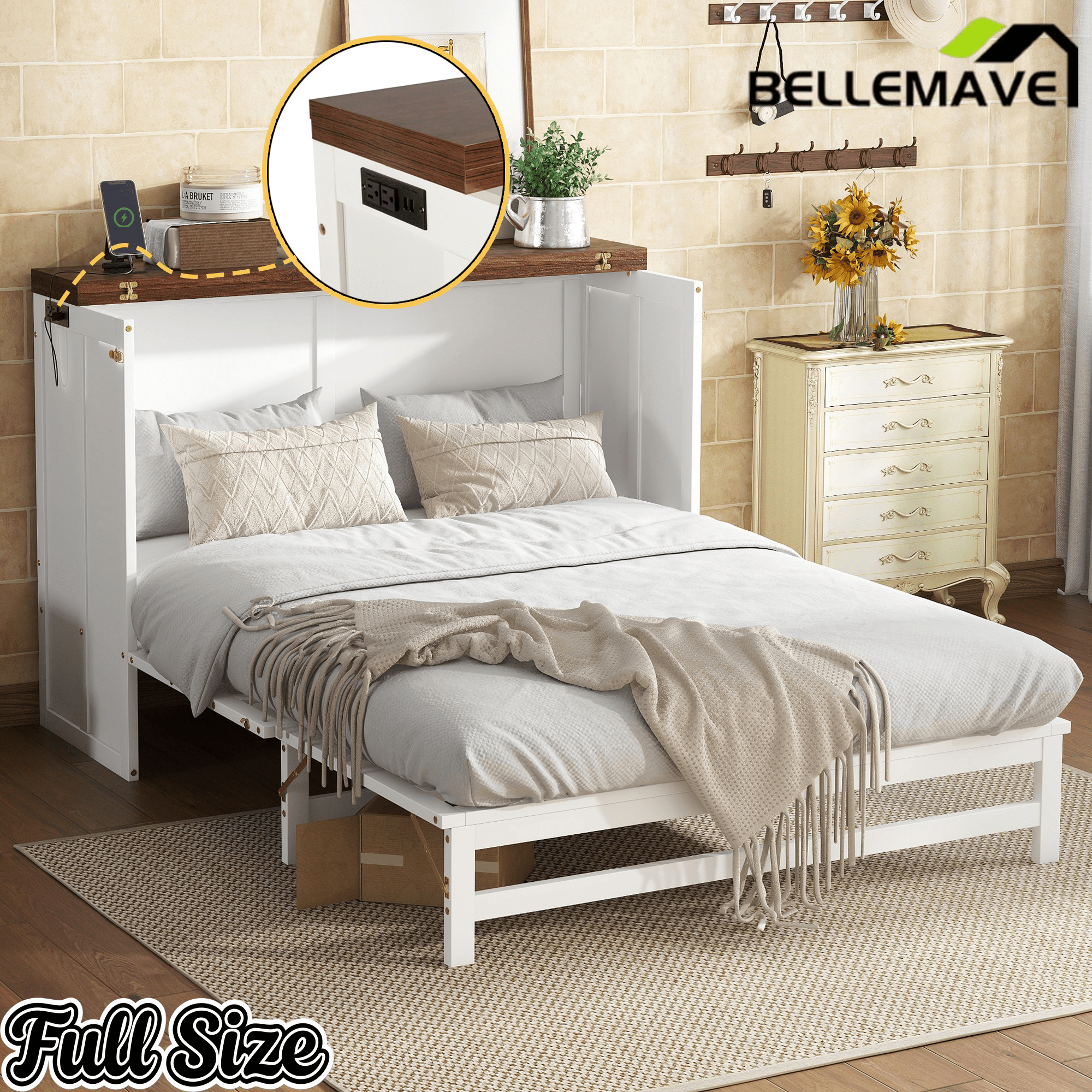 Bellemave® Murphy Bed Cabinet with Charging Station & Storage Drawer - Bellemave