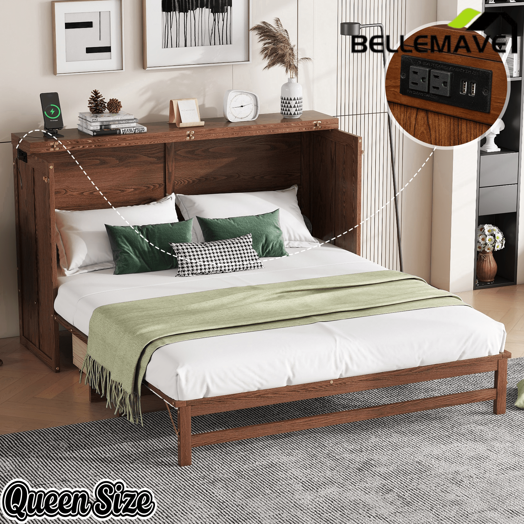 Bellemave® Murphy Bed Cabinet with Charging Station & Storage Drawer - Bellemave