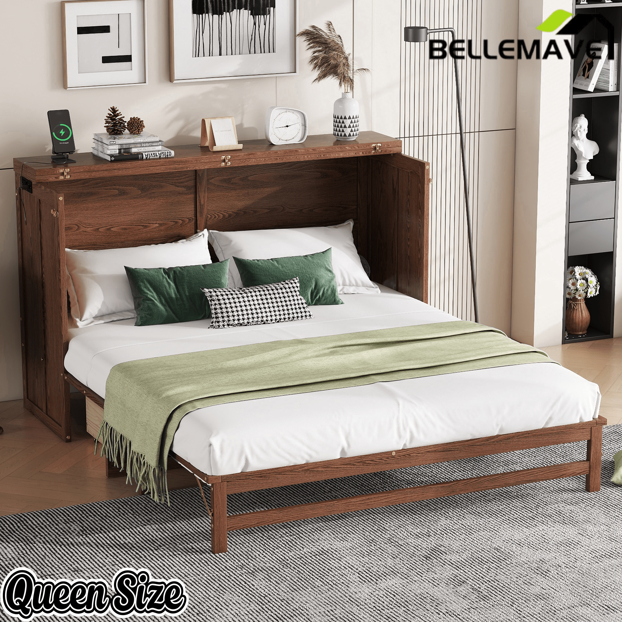 Bellemave® Murphy Bed Cabinet with Charging Station & Storage Drawer - Bellemave