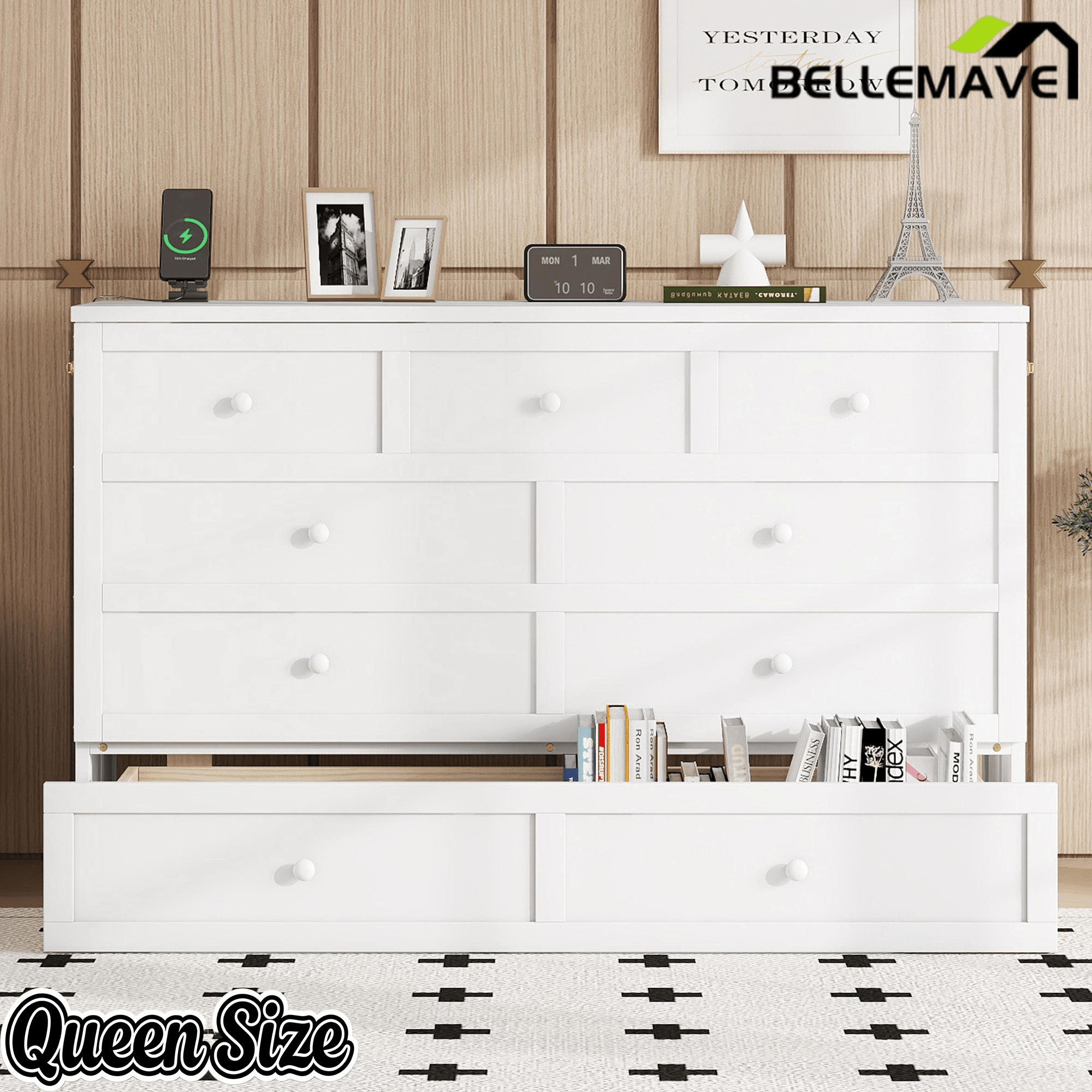 Bellemave® Murphy Bed Cabinet with Charging Station & Storage Drawer - Bellemave