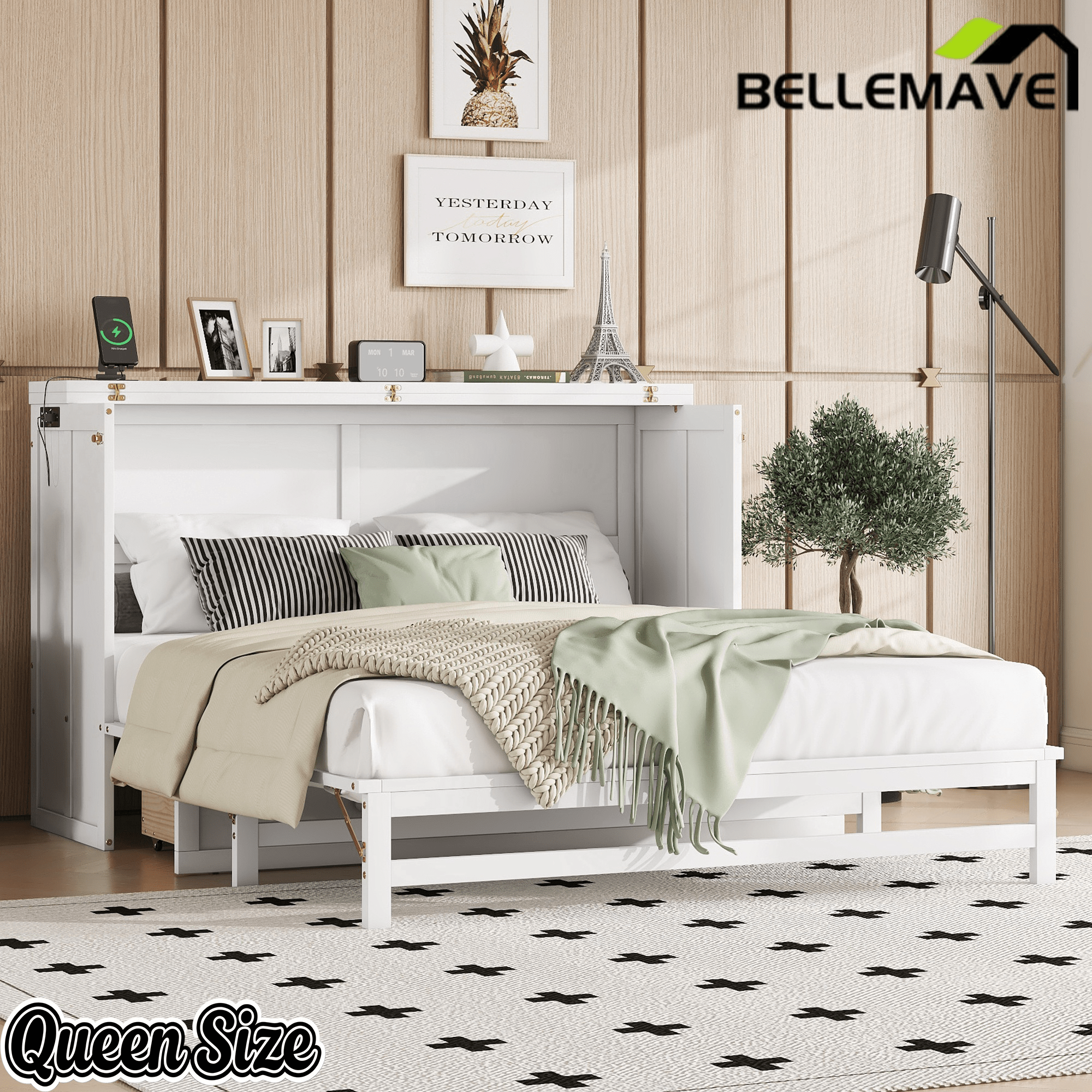 Bellemave® Murphy Bed Cabinet with Charging Station & Storage Drawer - Bellemave