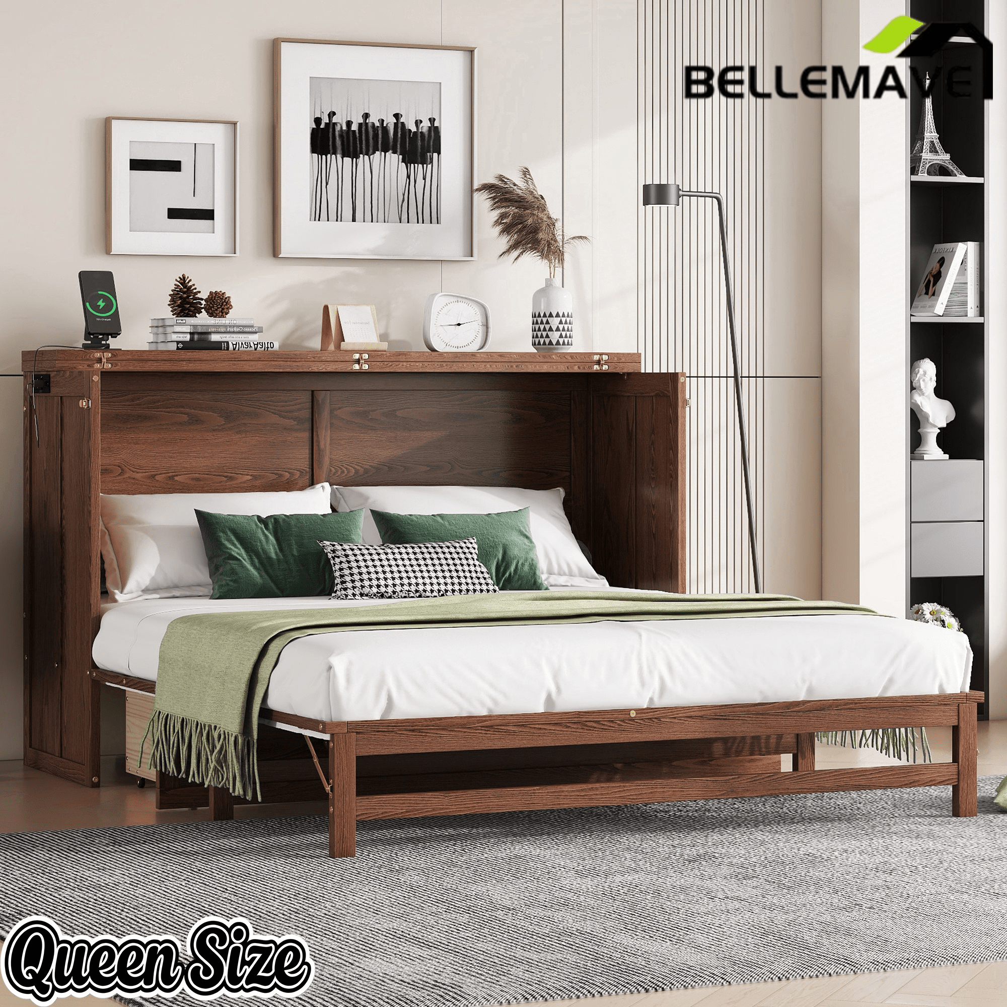 Bellemave® Murphy Bed Cabinet with Charging Station & Storage Drawer - Bellemave