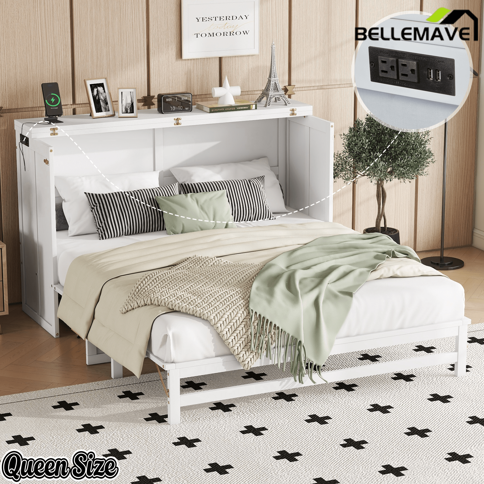 Bellemave® Murphy Bed Cabinet with Charging Station & Storage Drawer - Bellemave