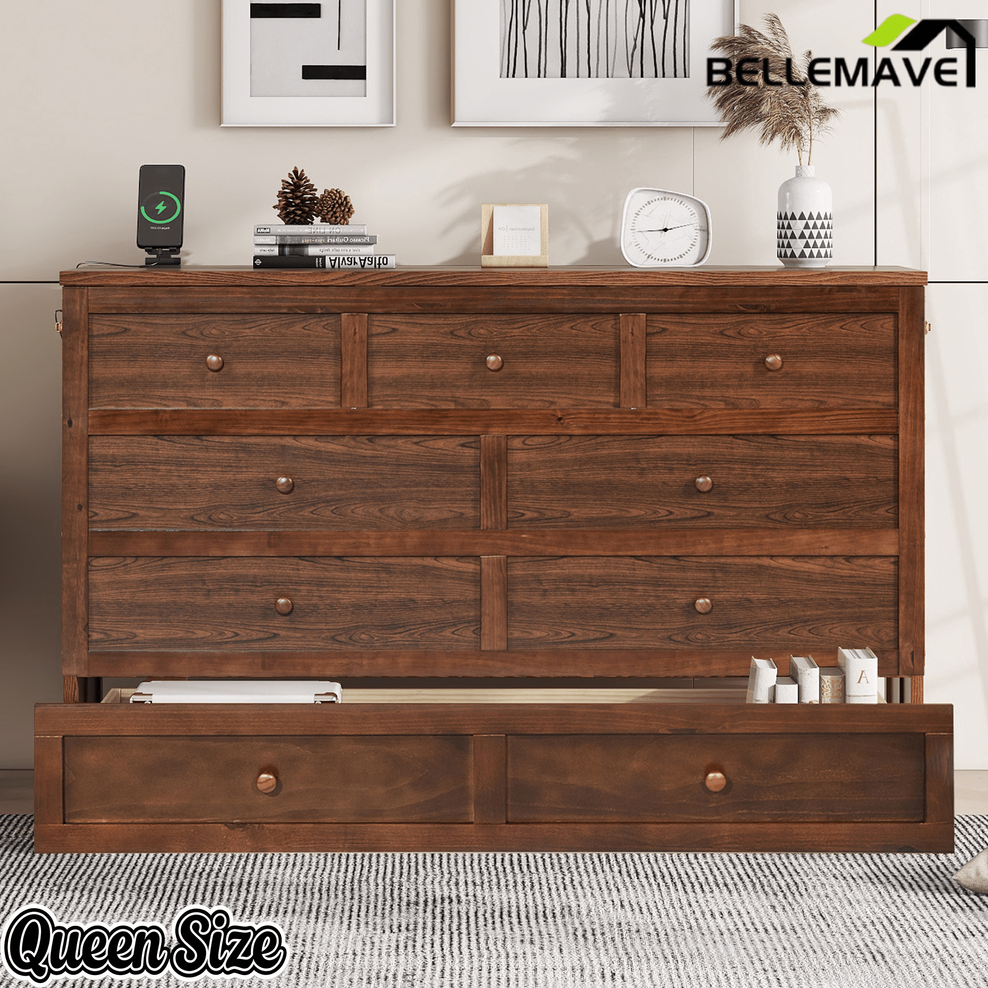 Bellemave® Murphy Bed Cabinet with Charging Station & Storage Drawer - Bellemave