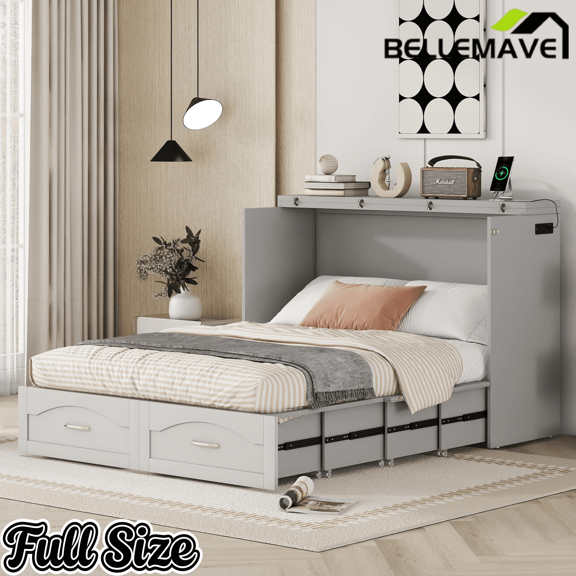 Bellemave® Murphy Bed Wall Bed with drawer and a set of Sockets & USB Ports, Pulley Structure Design - Bellemave