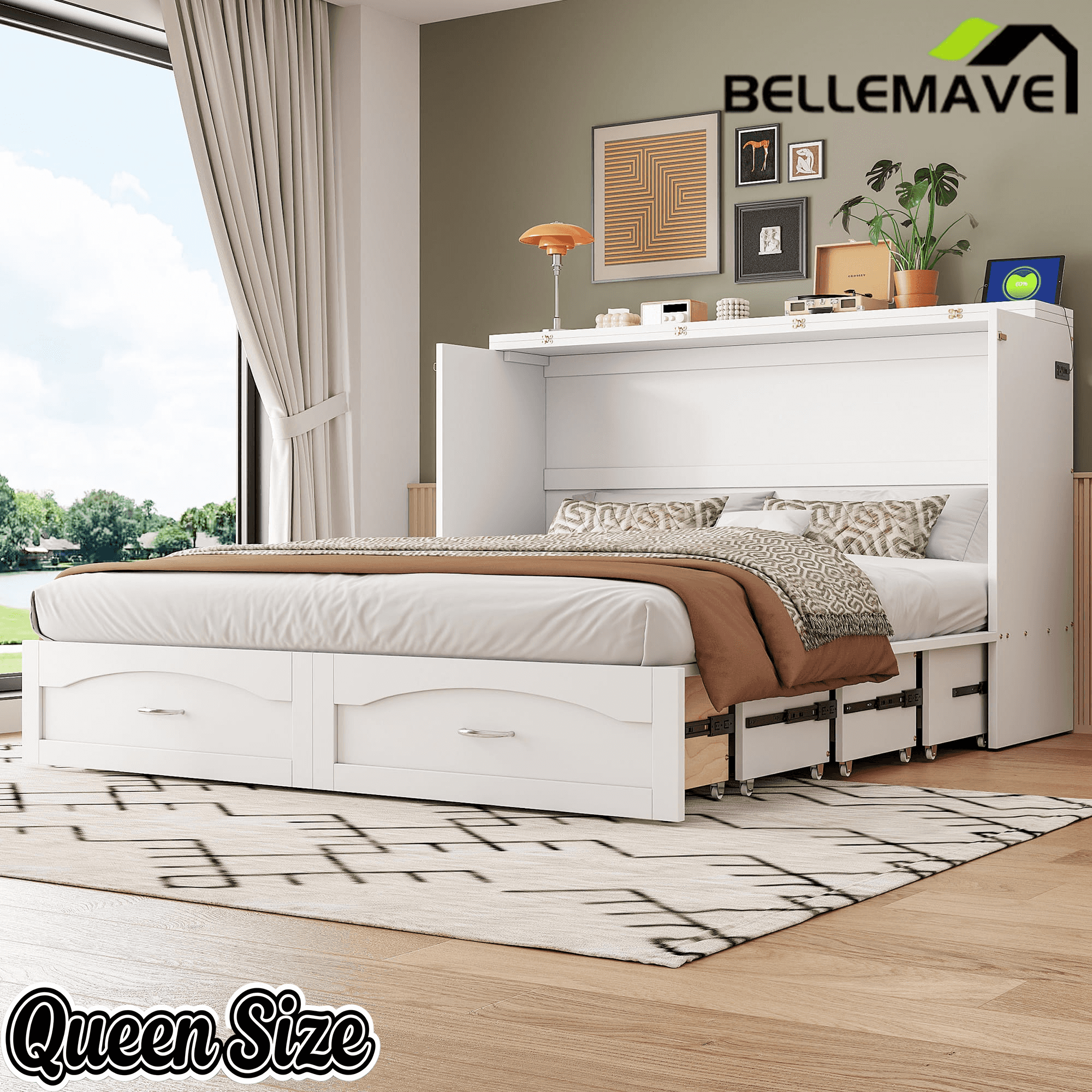 Bellemave® Murphy Bed Wall Bed with drawer and a set of Sockets & USB Ports, Pulley Structure Design - Bellemave