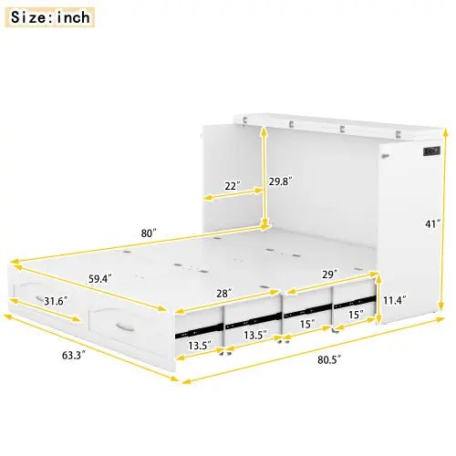 Bellemave® Murphy Bed Wall Bed with drawer and a set of Sockets & USB Ports, Pulley Structure Design - Bellemave