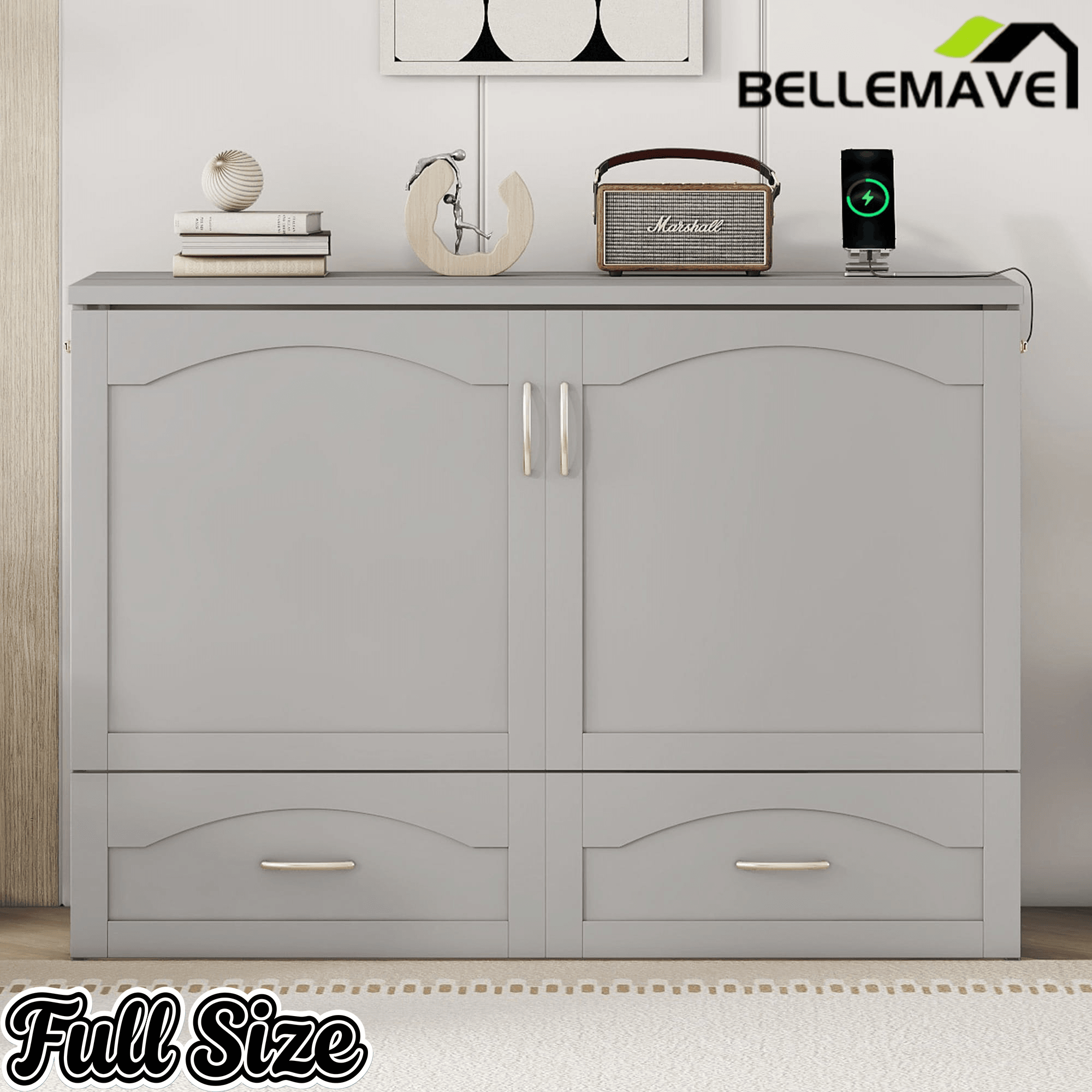 Bellemave® Murphy Bed Wall Bed with drawer and a set of Sockets & USB Ports, Pulley Structure Design - Bellemave