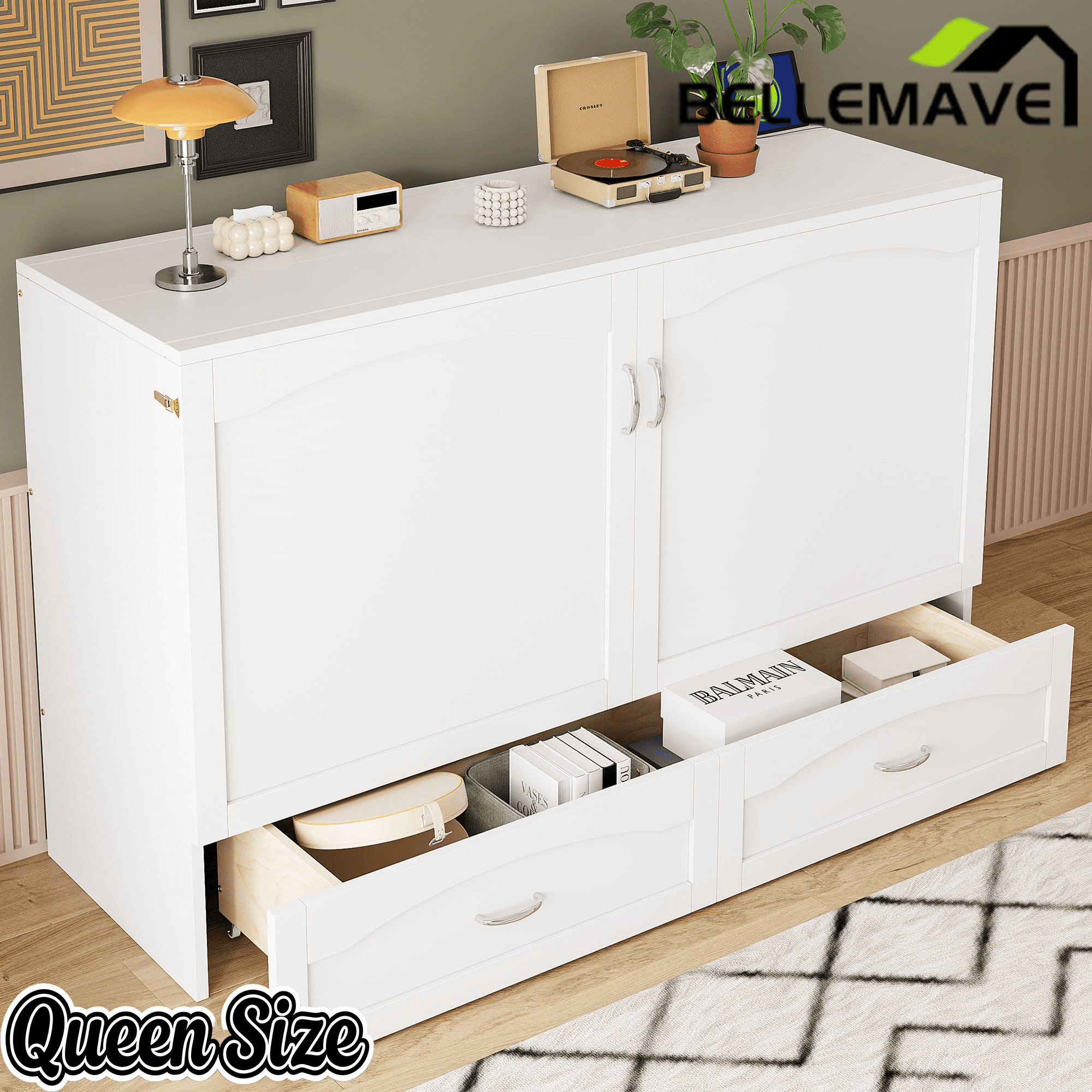 Bellemave® Murphy Bed Wall Bed with drawer and a set of Sockets & USB Ports, Pulley Structure Design - Bellemave