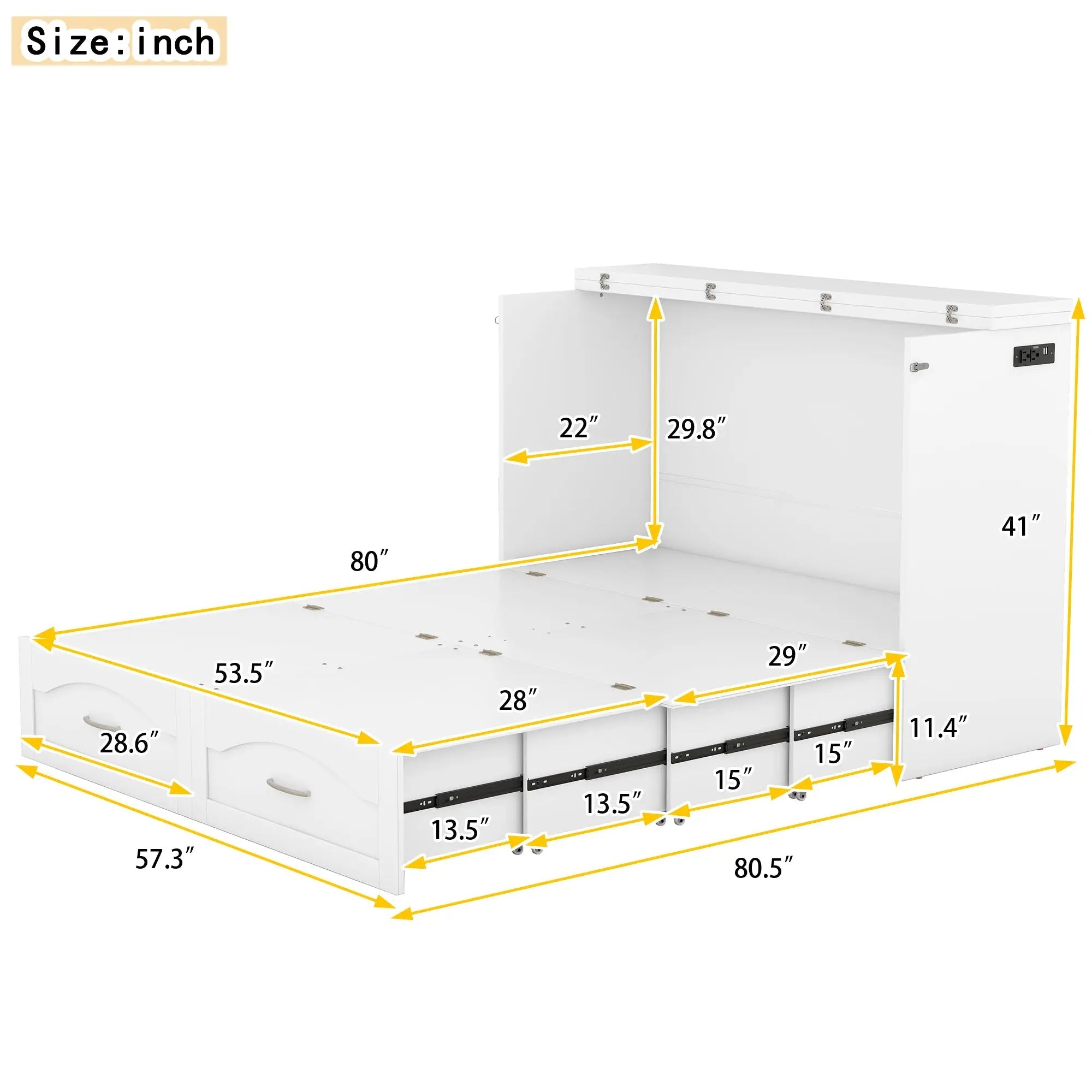 Bellemave® Murphy Bed Wall Bed with drawer and a set of Sockets & USB Ports, Pulley Structure Design - Bellemave