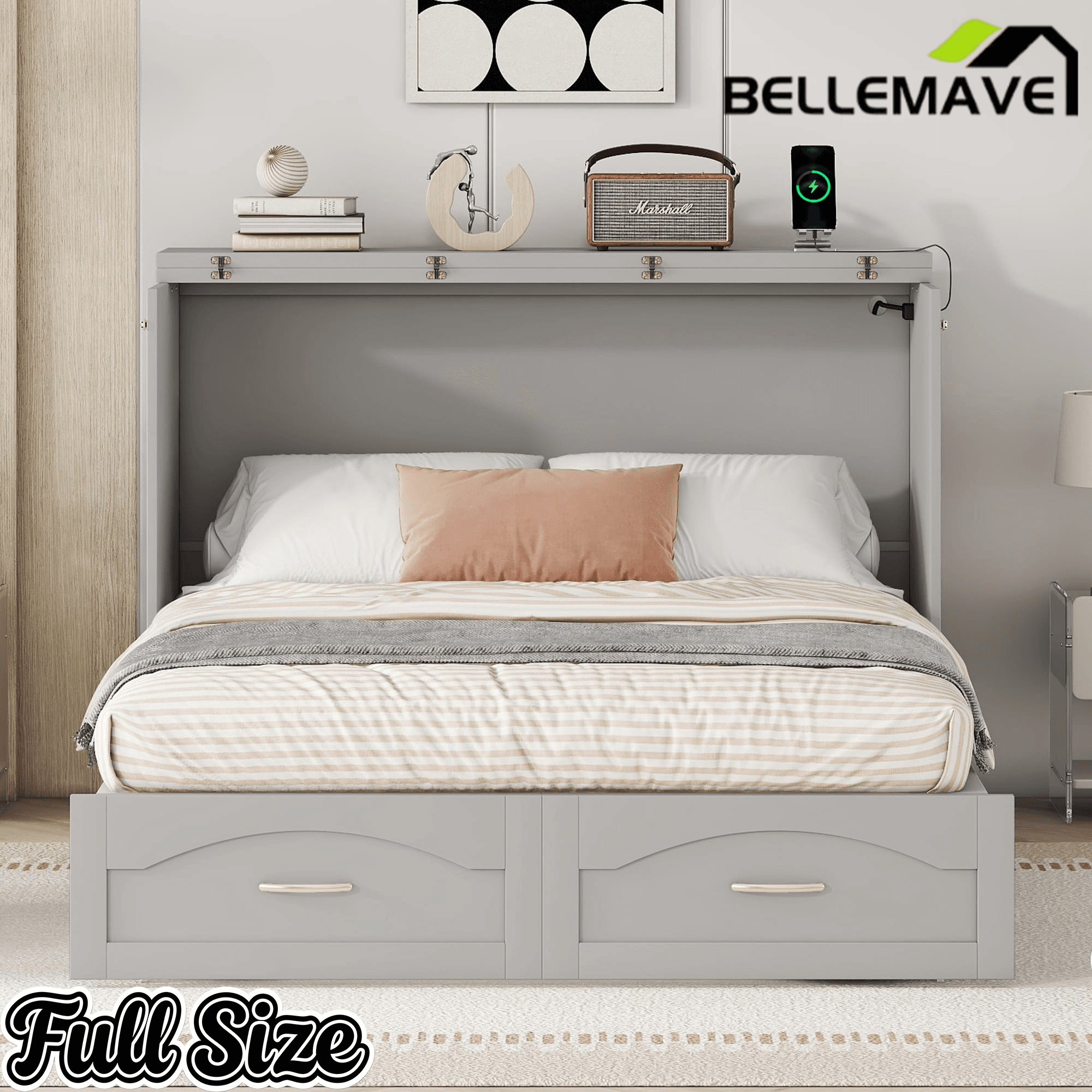 Bellemave® Murphy Bed Wall Bed with drawer and a set of Sockets & USB Ports, Pulley Structure Design - Bellemave