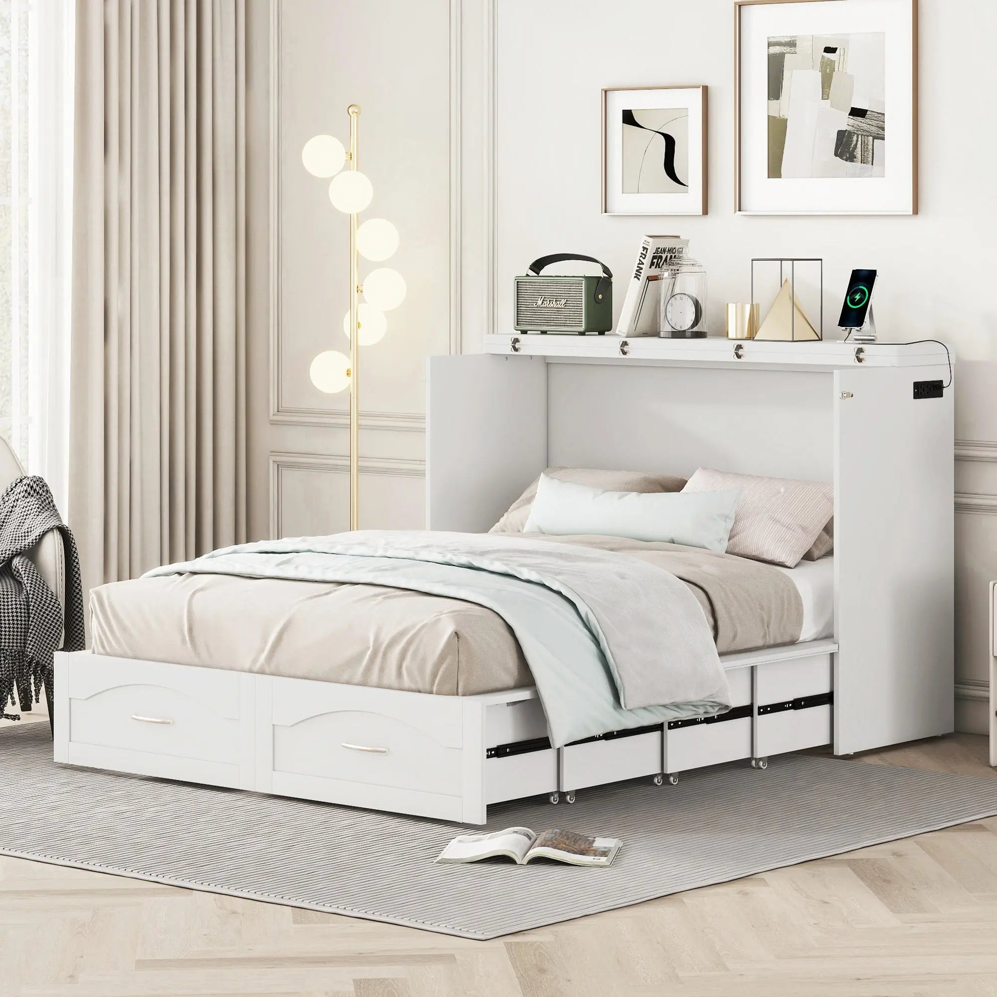 Bellemave® Murphy Bed Wall Bed with drawer and a set of Sockets & USB Ports, Pulley Structure Design - Bellemave