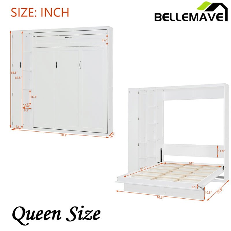 Bellemave® Murphy Bed Wall Bed with Shelves, Drawers and LED Lights - Bellemave