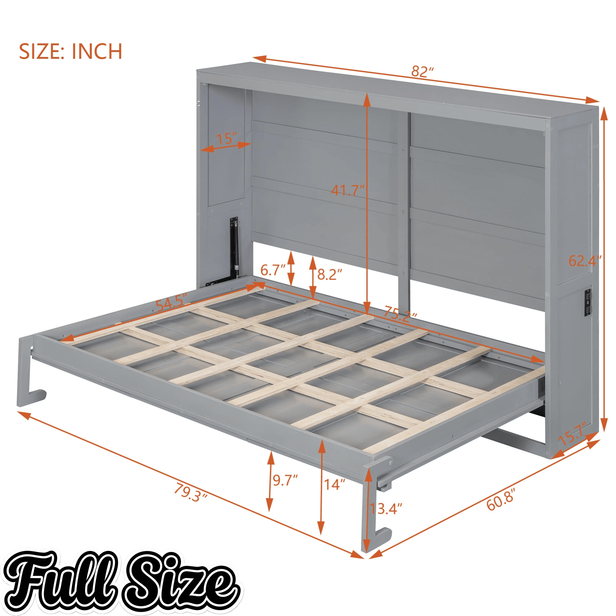 Bellemave® Murphy Bed Wall Chest with Charging Station & Slat Support,Wood Hideaway Cabinet Platform Bed frame with Leg,can be Folded - Bellemave