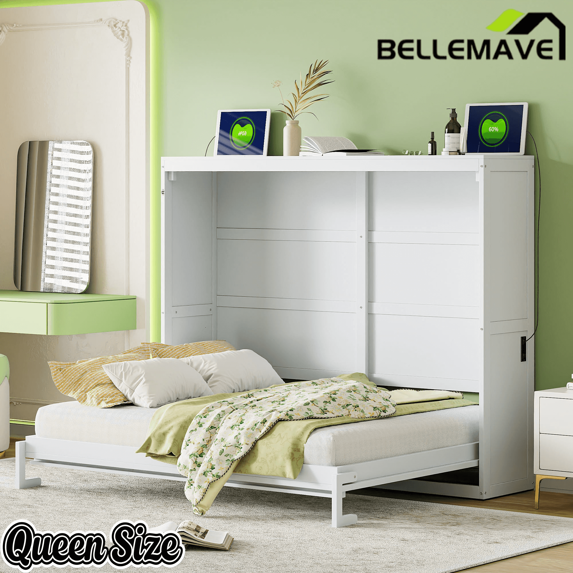 Bellemave® Murphy Bed Wall Chest with Charging Station & Slat Support,Wood Hideaway Cabinet Platform Bed frame with Leg,can be Folded - Bellemave