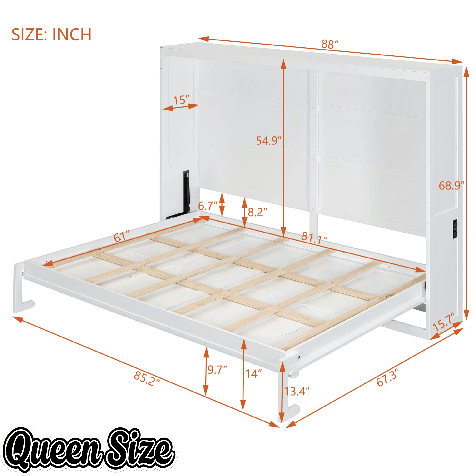 Bellemave® Murphy Bed Wall Chest with Charging Station & Slat Support,Wood Hideaway Cabinet Platform Bed frame with Leg,can be Folded - Bellemave