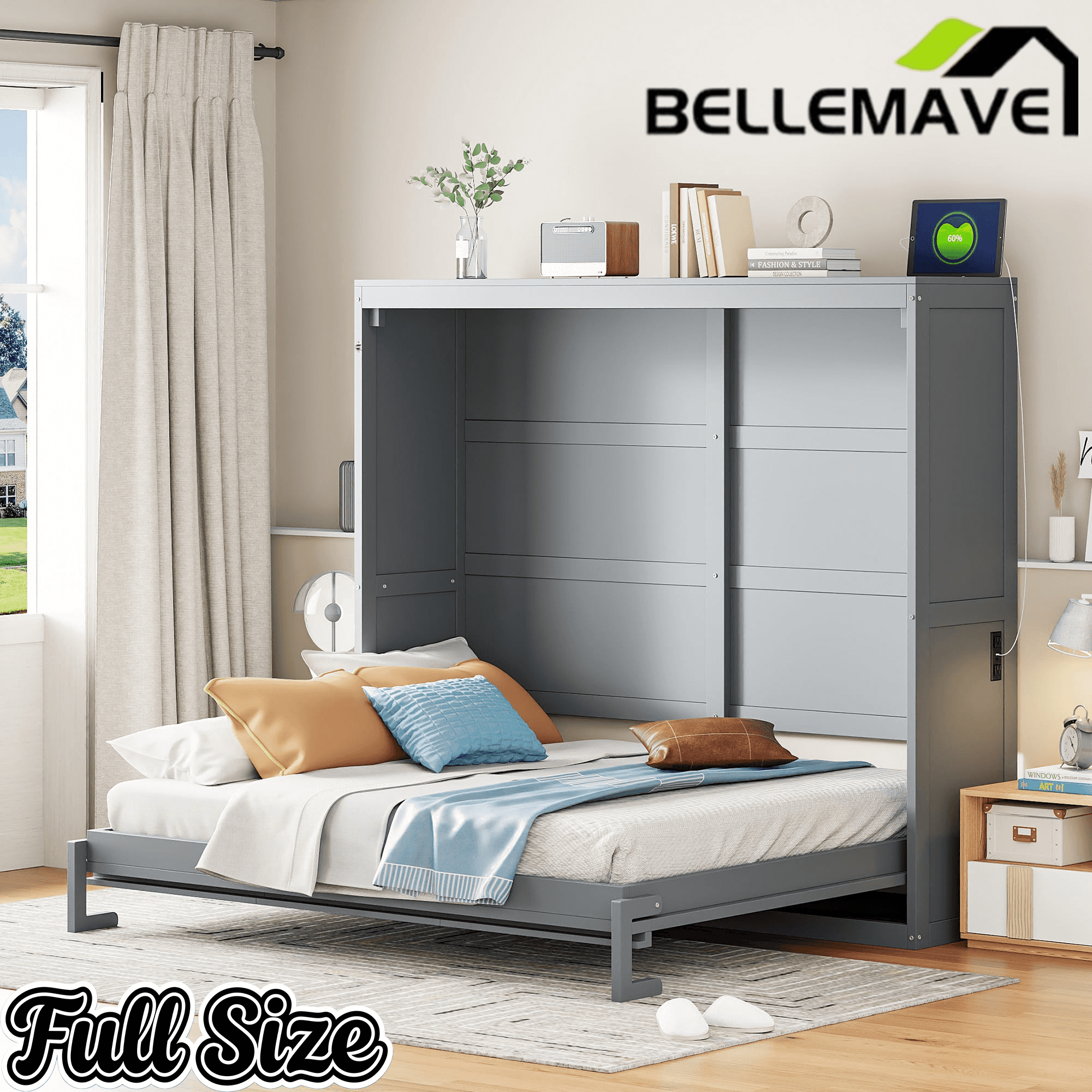 Bellemave® Murphy Bed Wall Chest with Charging Station & Slat Support,Wood Hideaway Cabinet Platform Bed frame with Leg,can be Folded - Bellemave