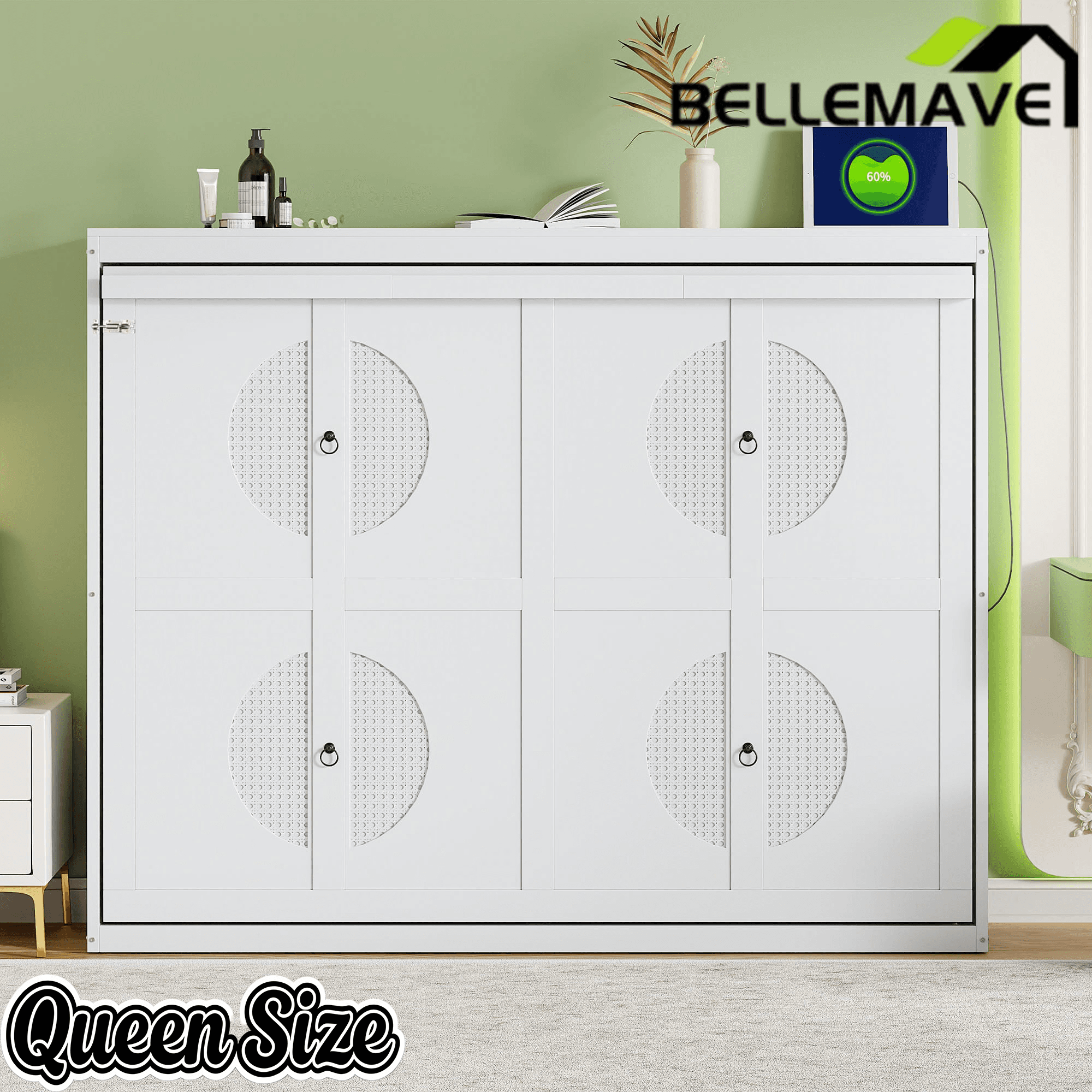 Bellemave® Murphy Bed Wall Chest with Charging Station & Slat Support,Wood Hideaway Cabinet Platform Bed frame with Leg,can be Folded - Bellemave