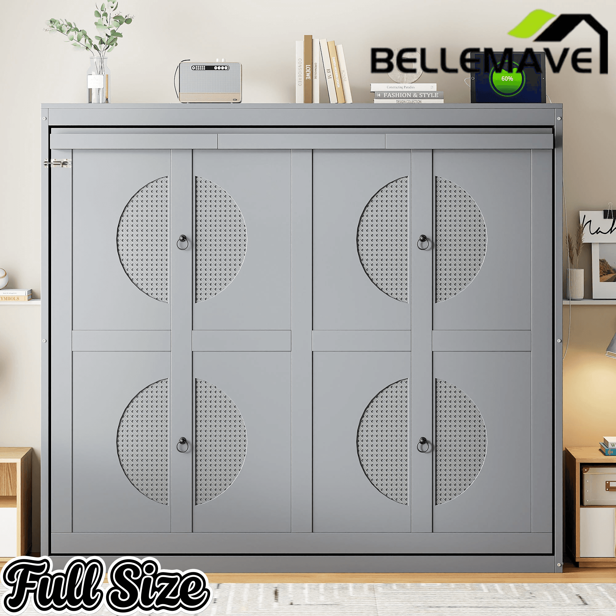 Bellemave® Murphy Bed Wall Chest with Charging Station & Slat Support,Wood Hideaway Cabinet Platform Bed frame with Leg,can be Folded - Bellemave